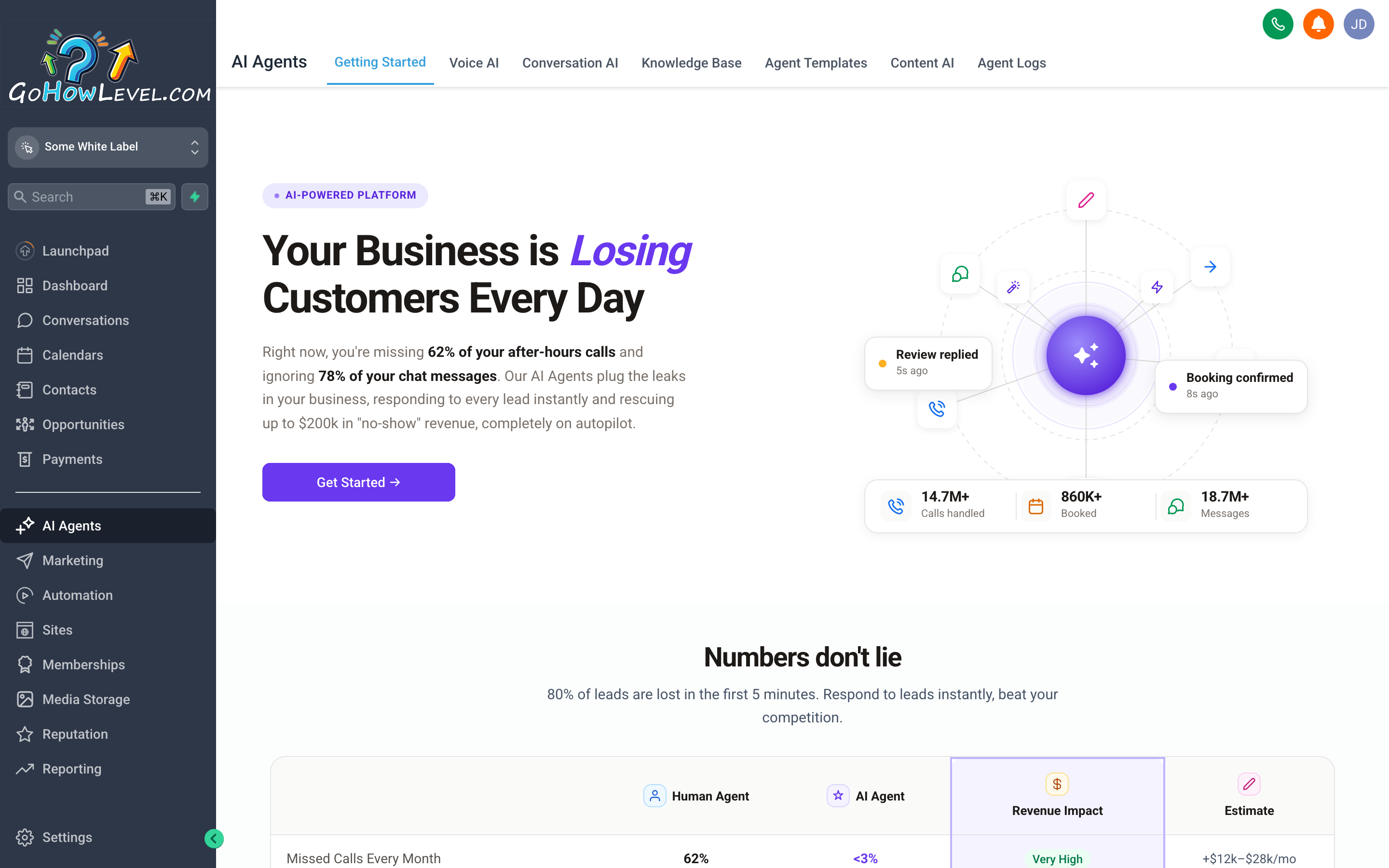 The AI Agents overview screen showing Conversation AI and Voice AI options with their configuration status