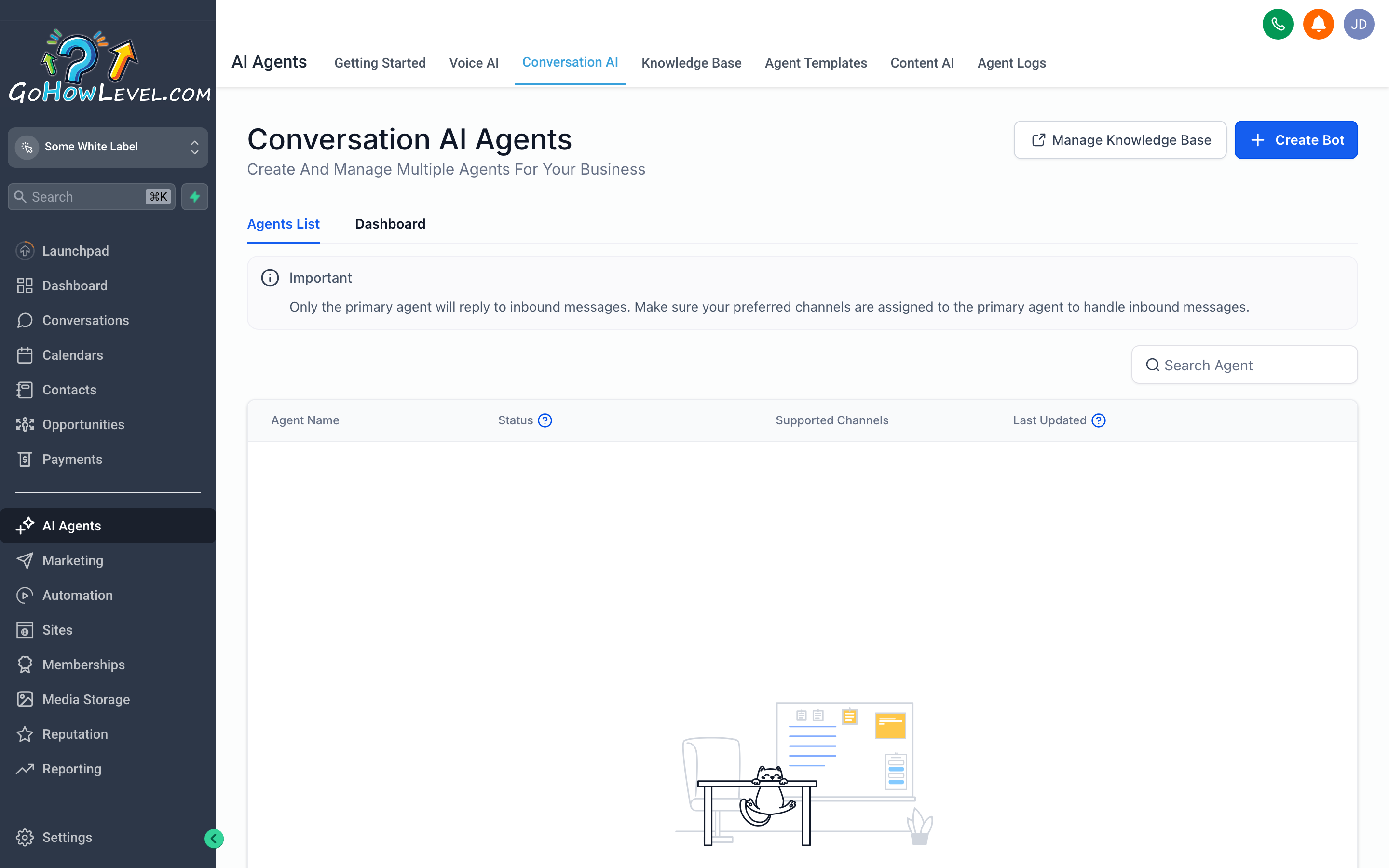The Conversation AI configuration screen showing the bot persona, knowledge base, and channel toggles