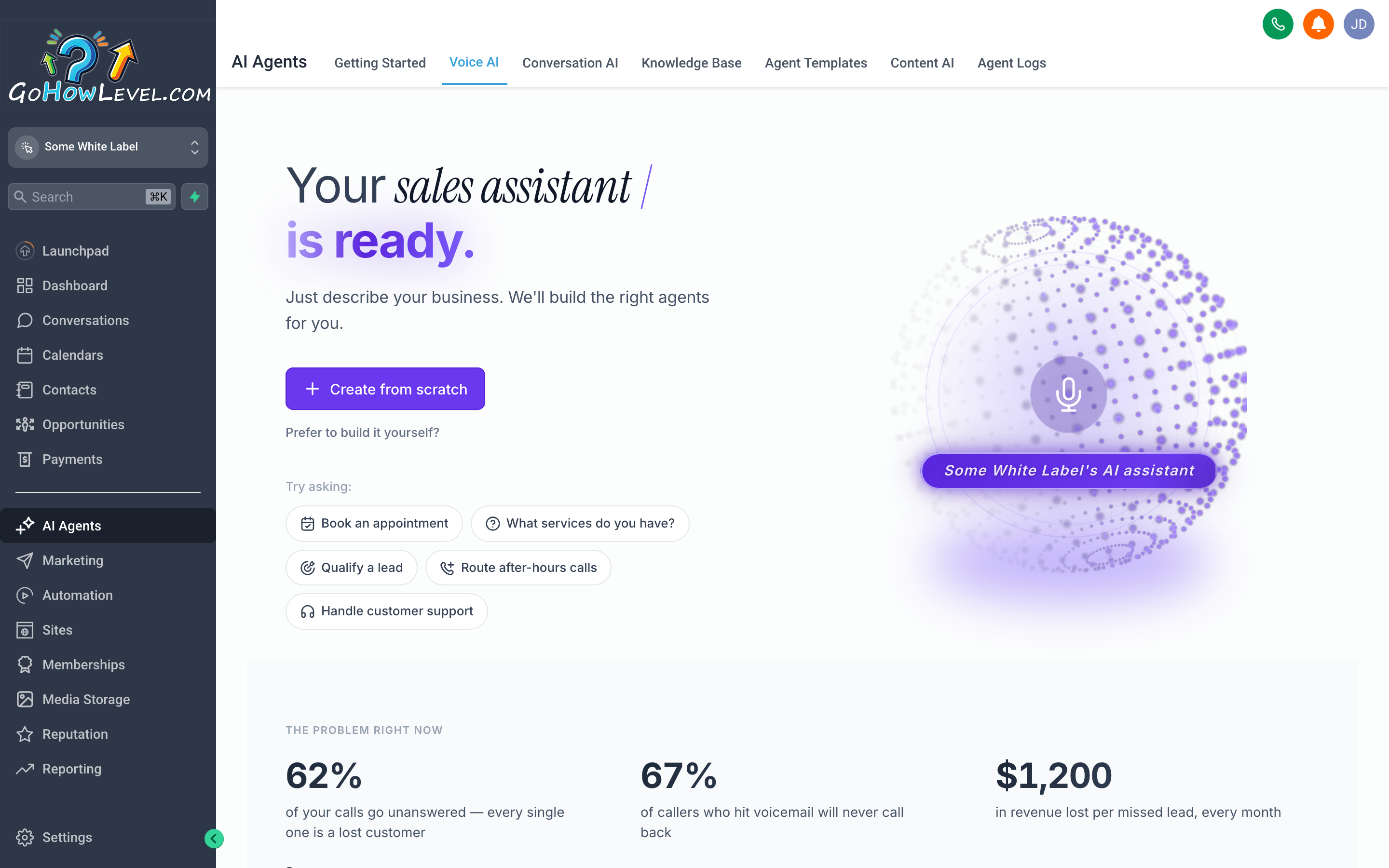 The Voice AI configuration screen showing the voice selection, call flow, and appointment booking settings