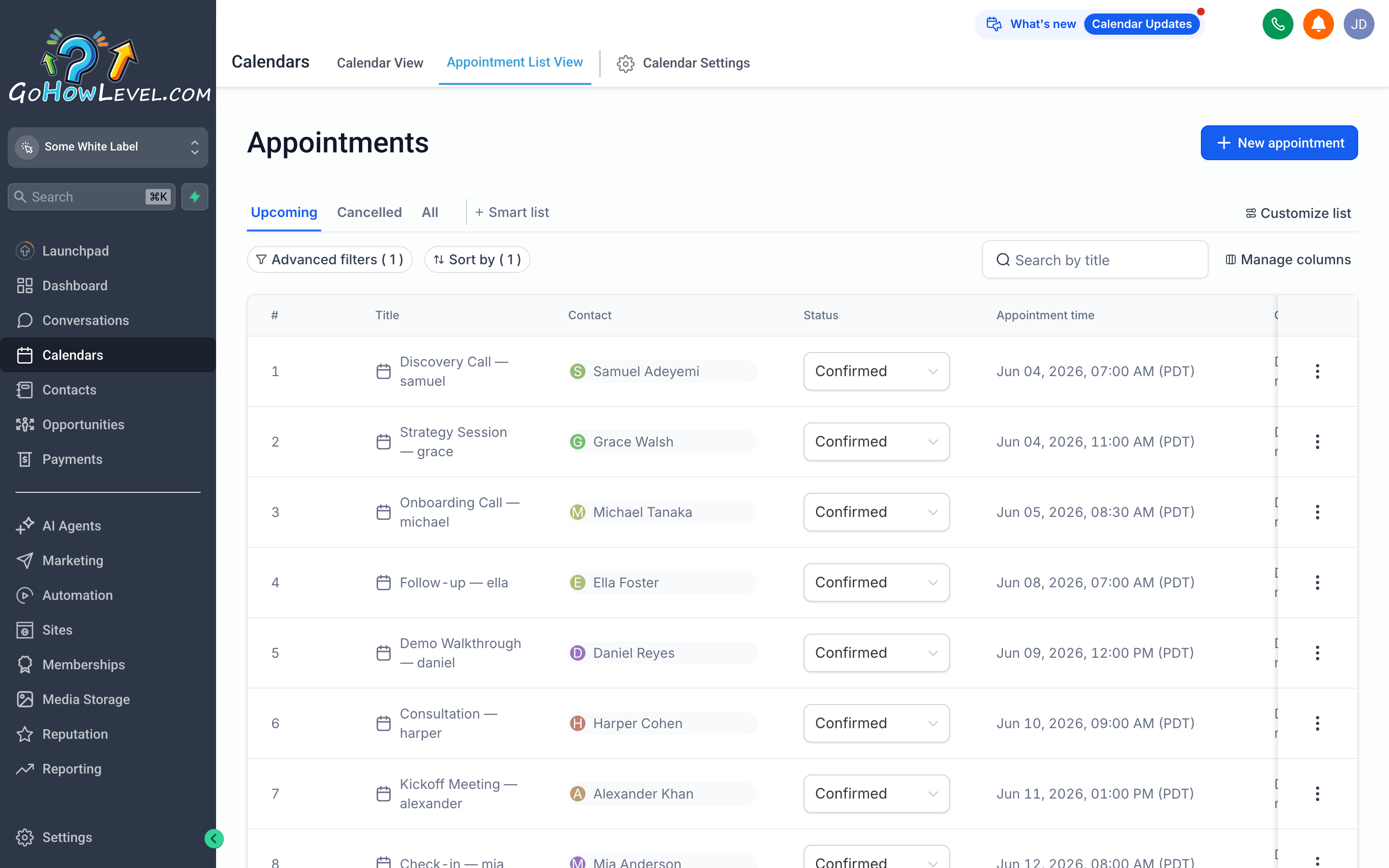 The GoHowLevel Appointments list showing a sortable table of bookings with columns for contact name, date, calendar, and status