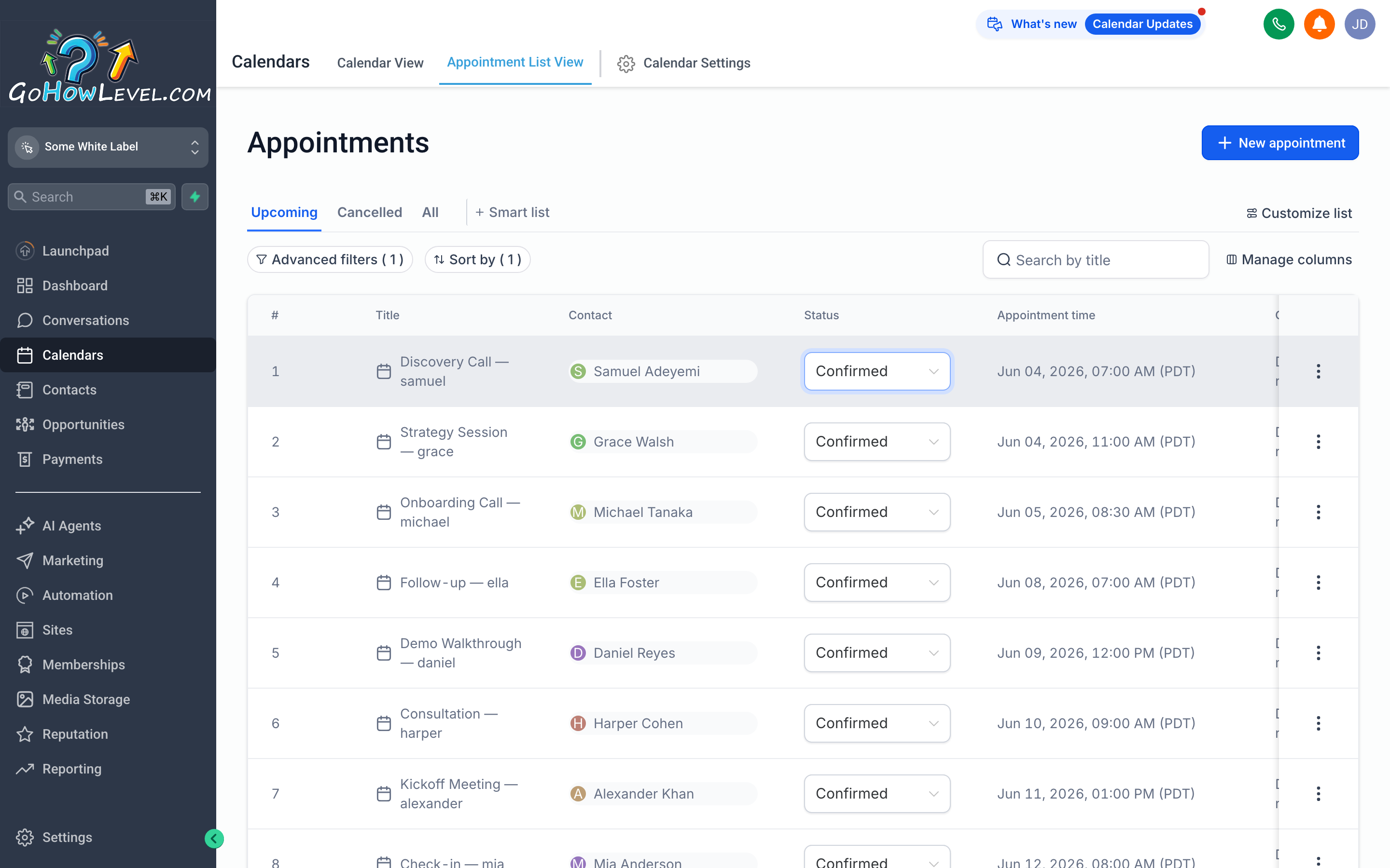 Appointment detail panel showing the contact name, date and time, calendar, status dropdown, and internal notes