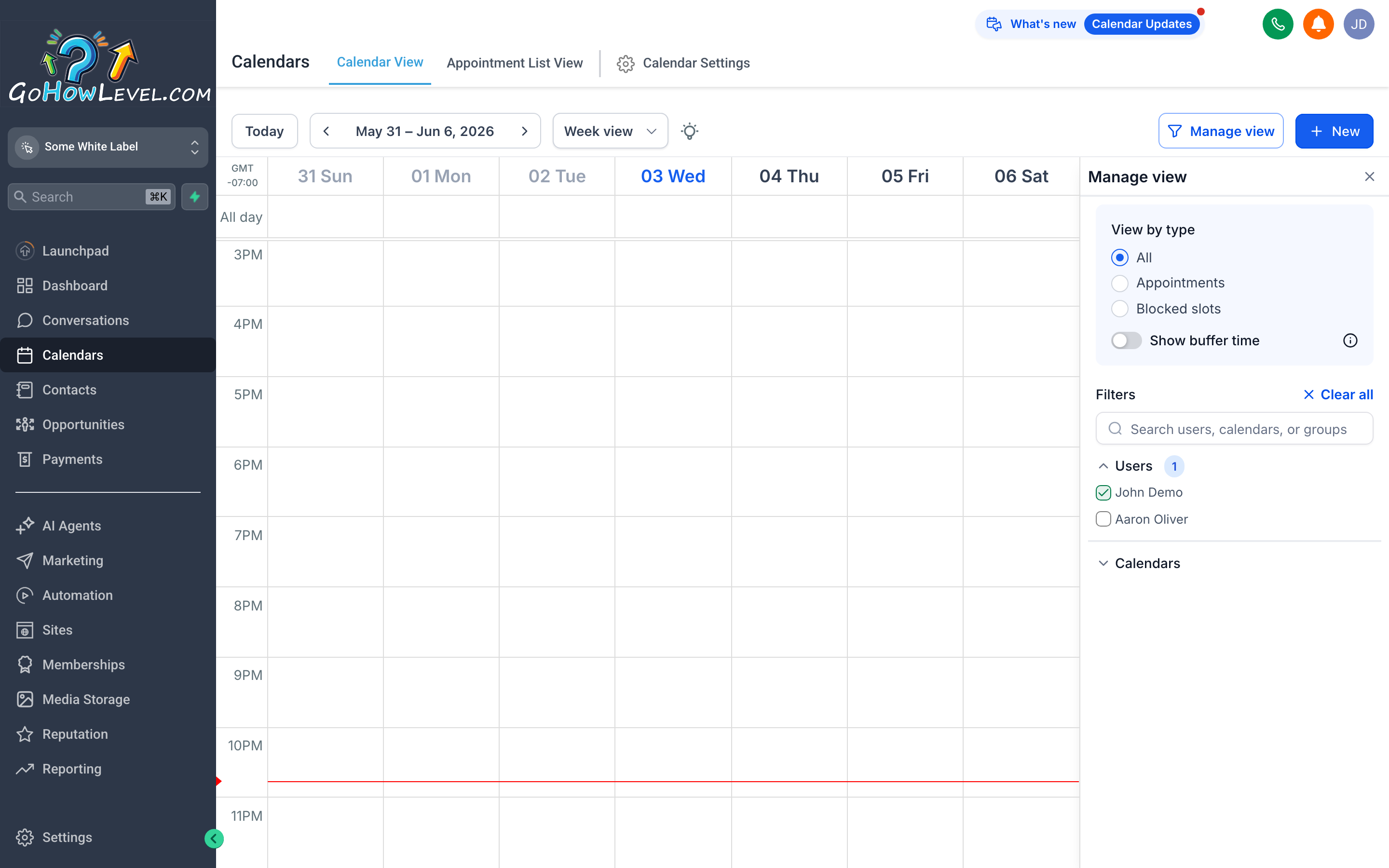 The GoHowLevel Calendars view showing a weekly calendar grid with color-coded appointment blocks
