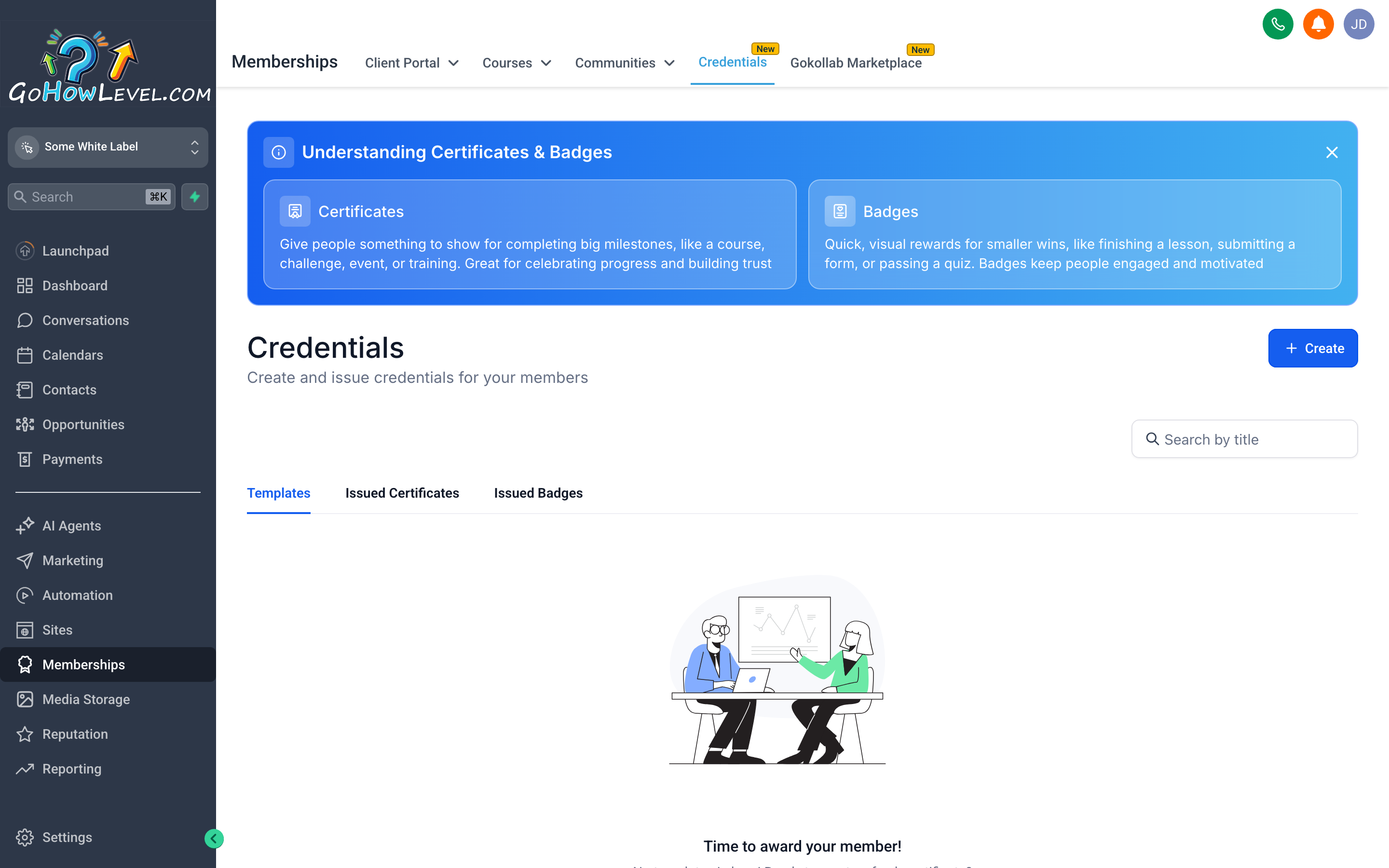 The Certificate builder showing a designed completion certificate with a student's name, course title, completion date, and a signature field, with customization options in the right panel