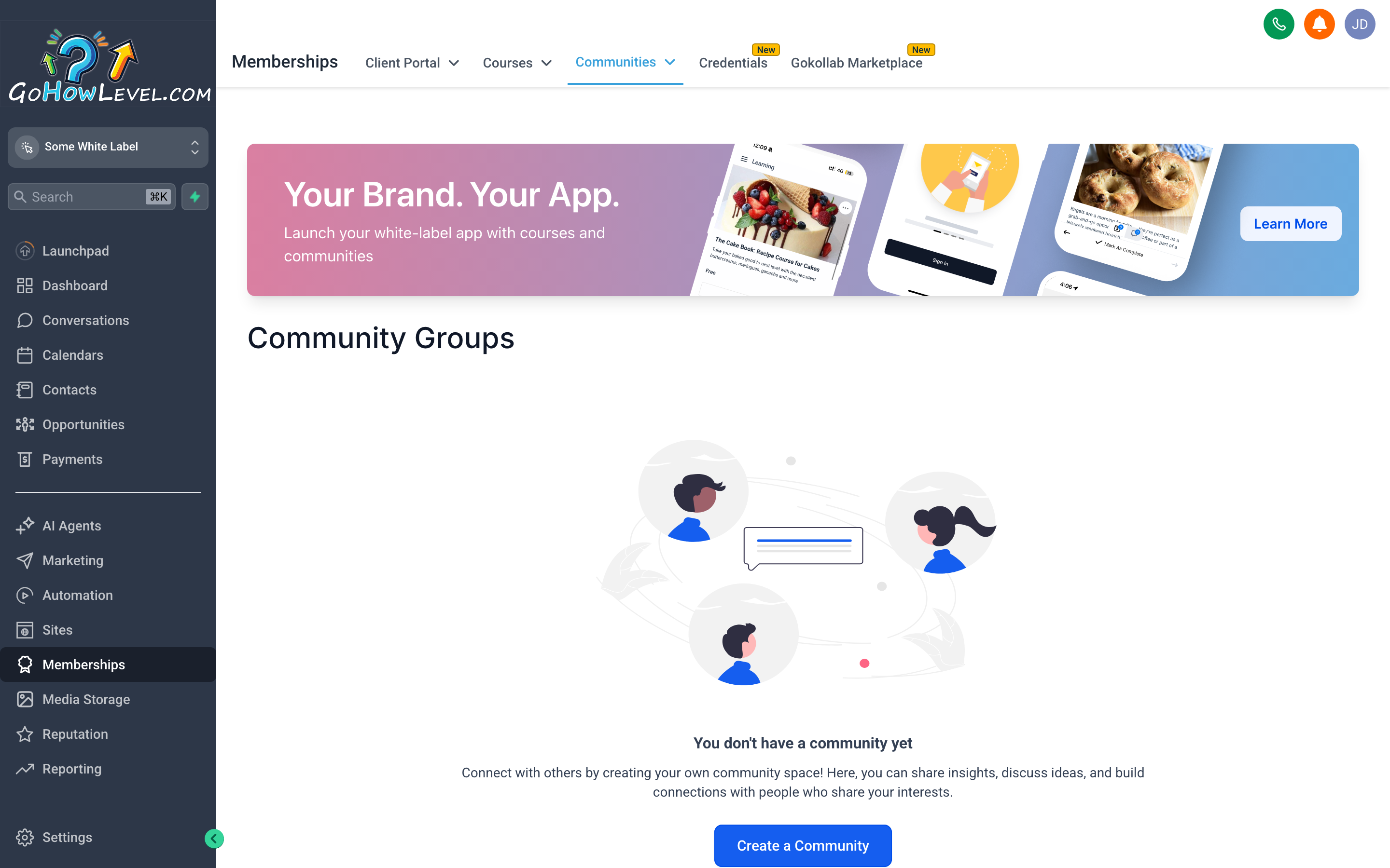 The Communities interface showing a branded group space with a feed of posts, a members list sidebar, and navigation tabs for channels, courses, and events