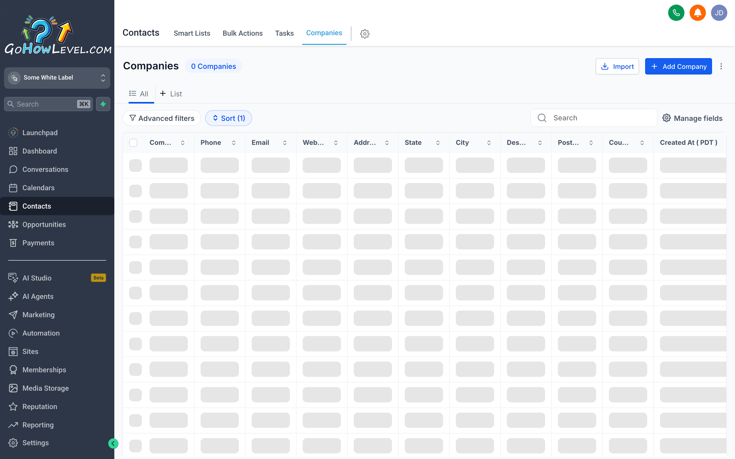 The Companies tab in the Contacts section showing a list of company records with name, phone, and associated contact count columns