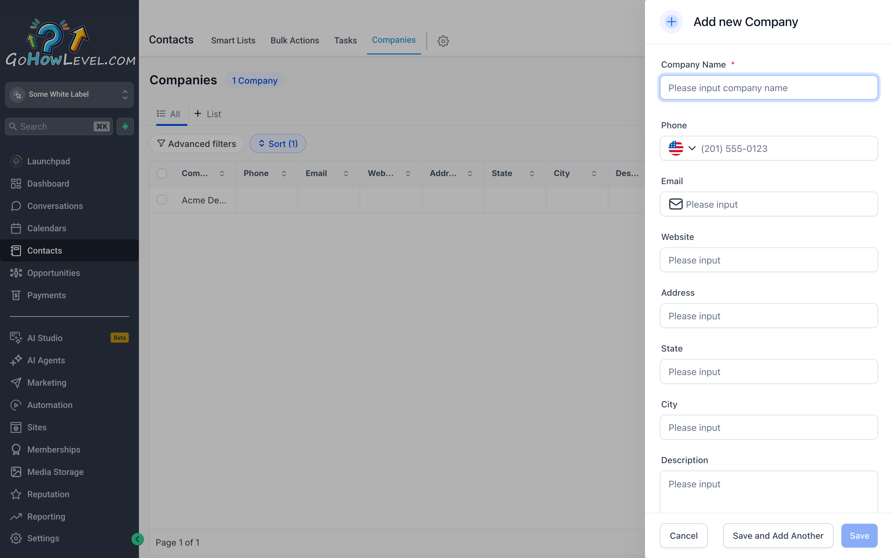 The New Company slide-out panel showing fields for company name, phone, email, website, description, and address