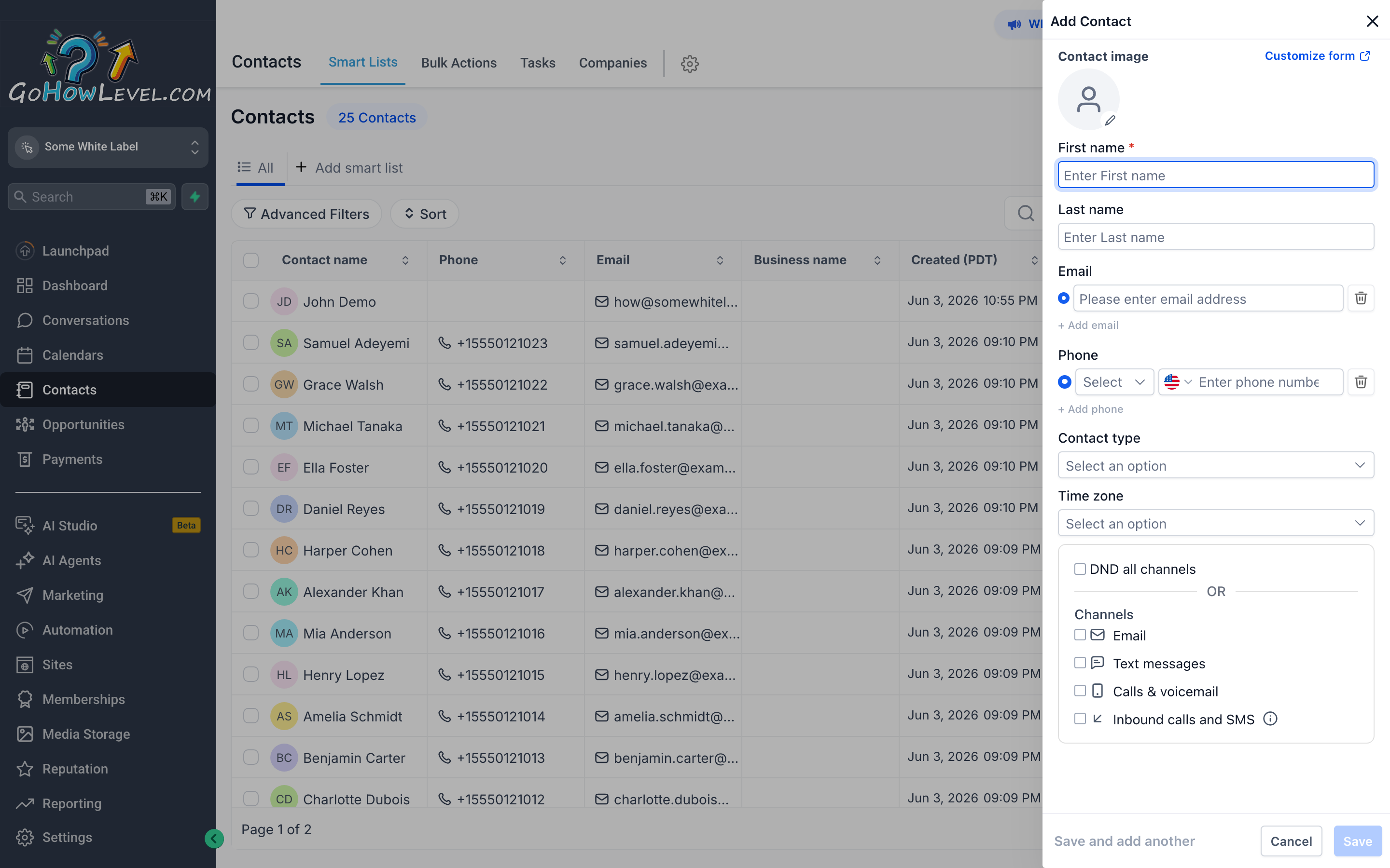 The Add Contact slide-out form showing fields for name, email, phone, and tags alongside the Save and Save and Add Another buttons