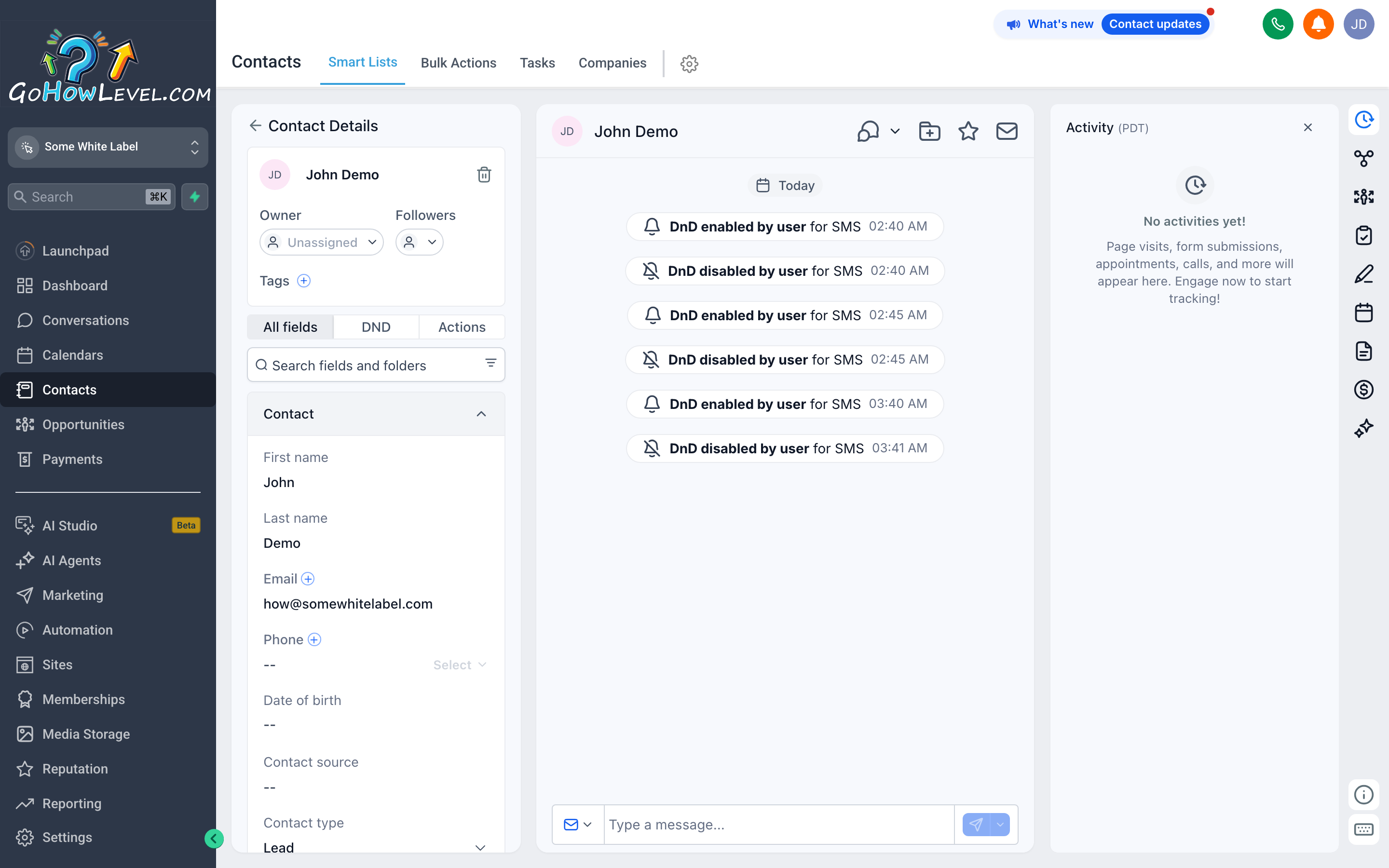 The three-panel contact detail page showing the left field panel, center conversation timeline, and right action module tabs