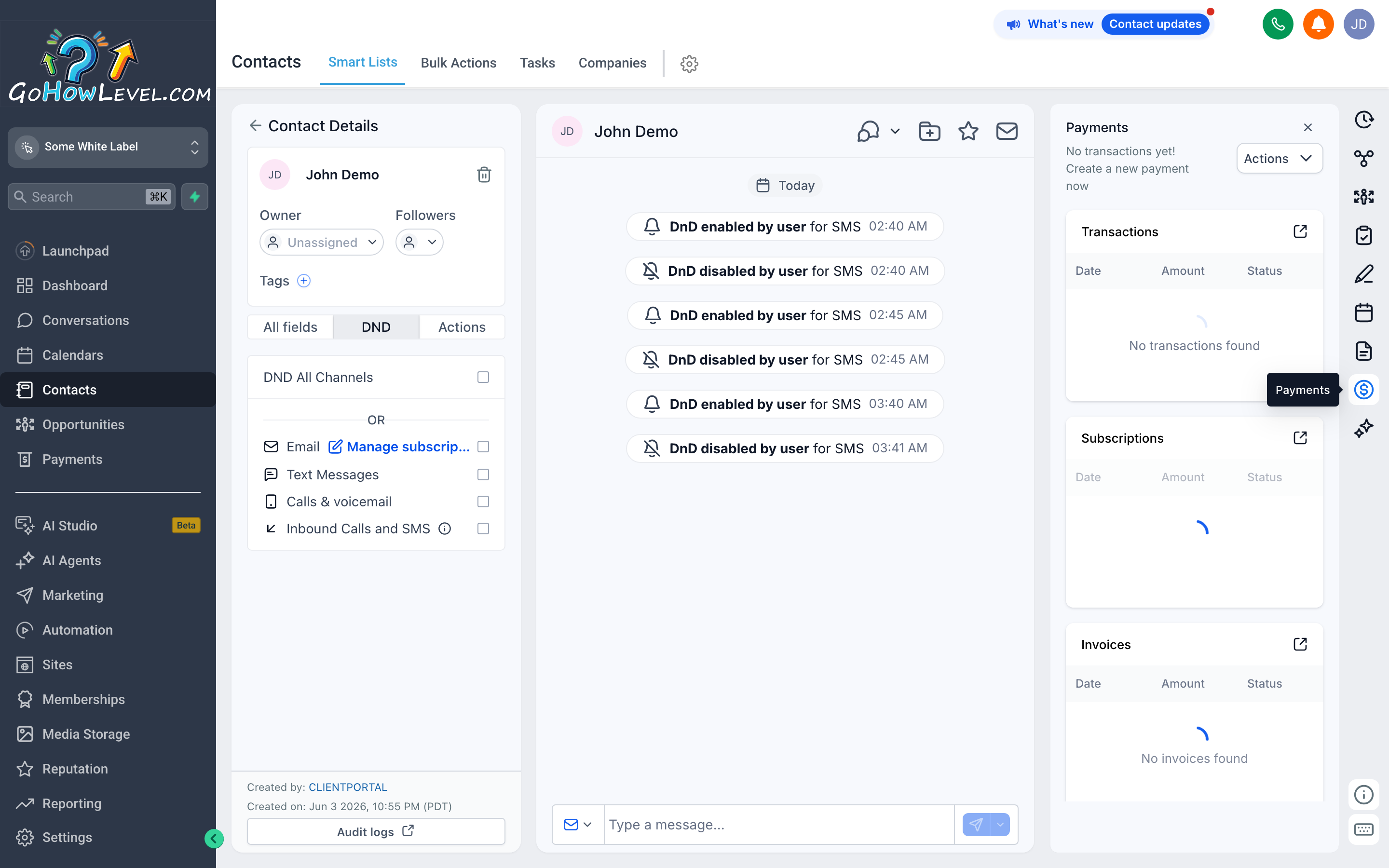 The Payments panel on a contact record showing the Actions button for creating invoices and subscriptions alongside billing history