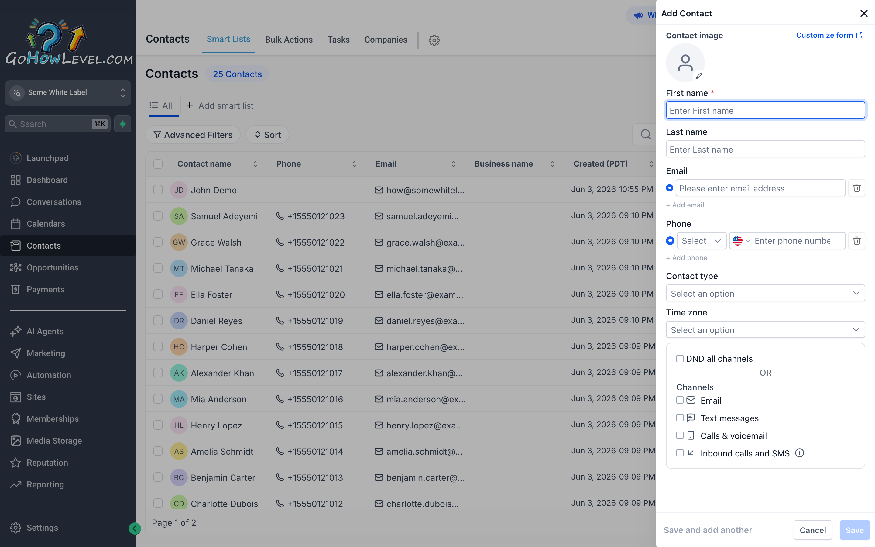 New Contact form panel with fields for name, phone, email, tags, and additional details