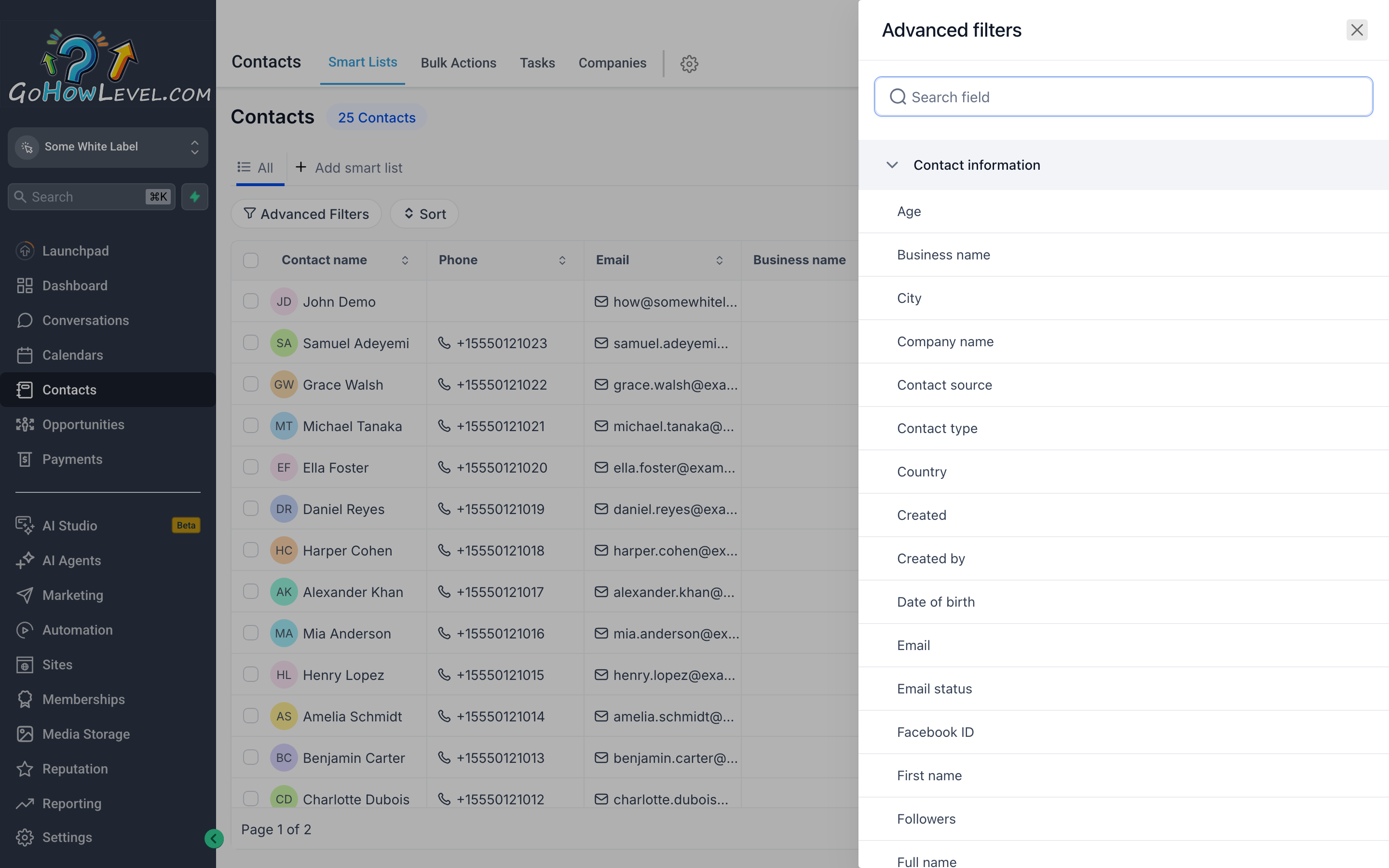 The Advanced Filters panel in a Smart List showing the field picker, operator dropdown, and value input with AND/OR filter groups