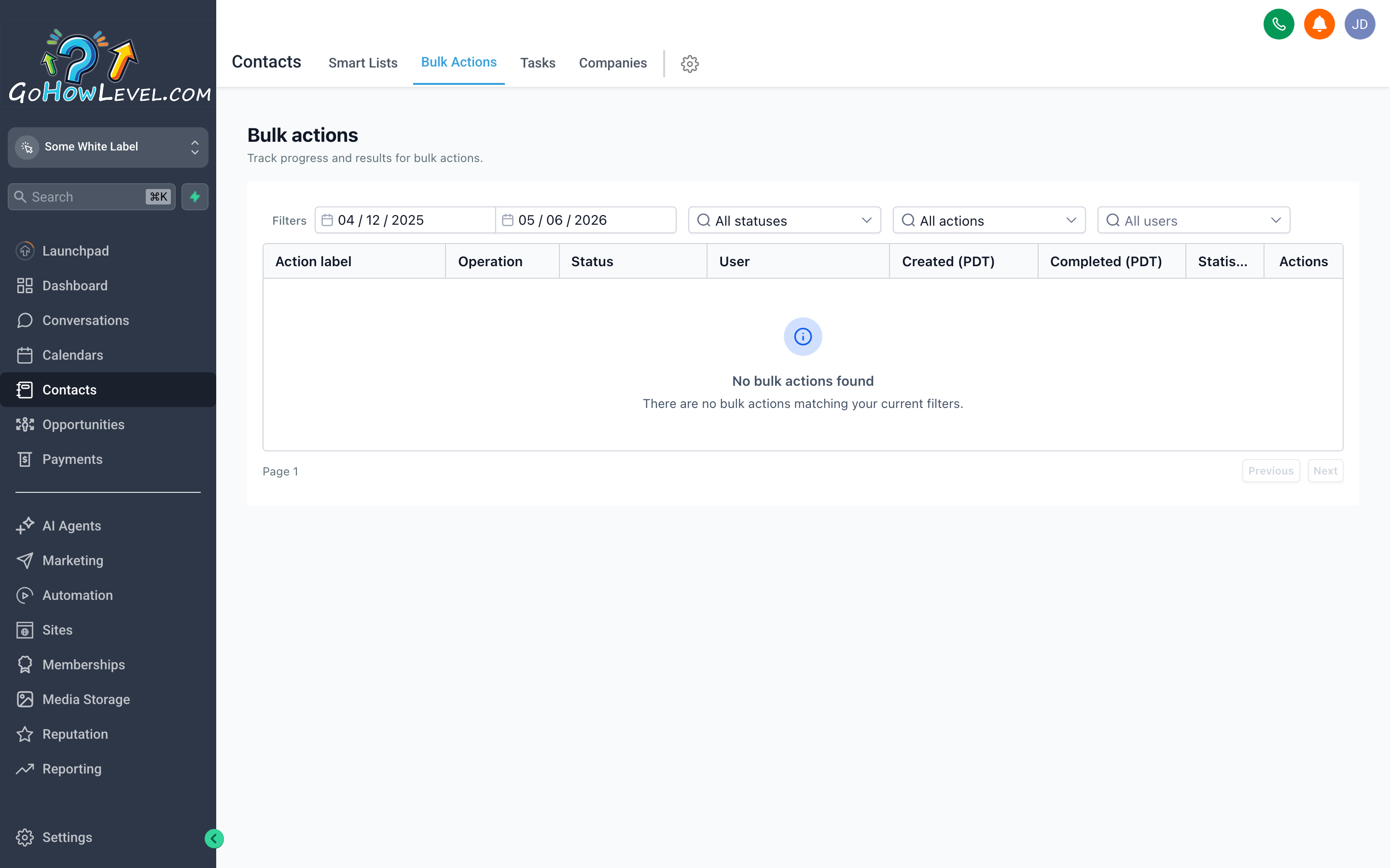 The Contacts list with multiple contacts selected via checkboxes, and the Bulk Actions menu open showing options to tag, export, add to workflow, or delete