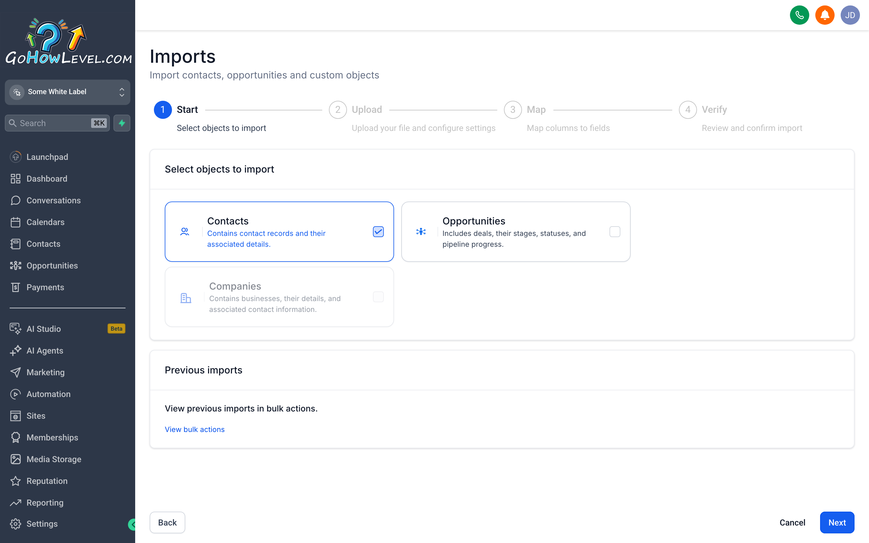 The Contacts CSV import wizard showing the file upload step, column mapping interface, and deduplication settings panel