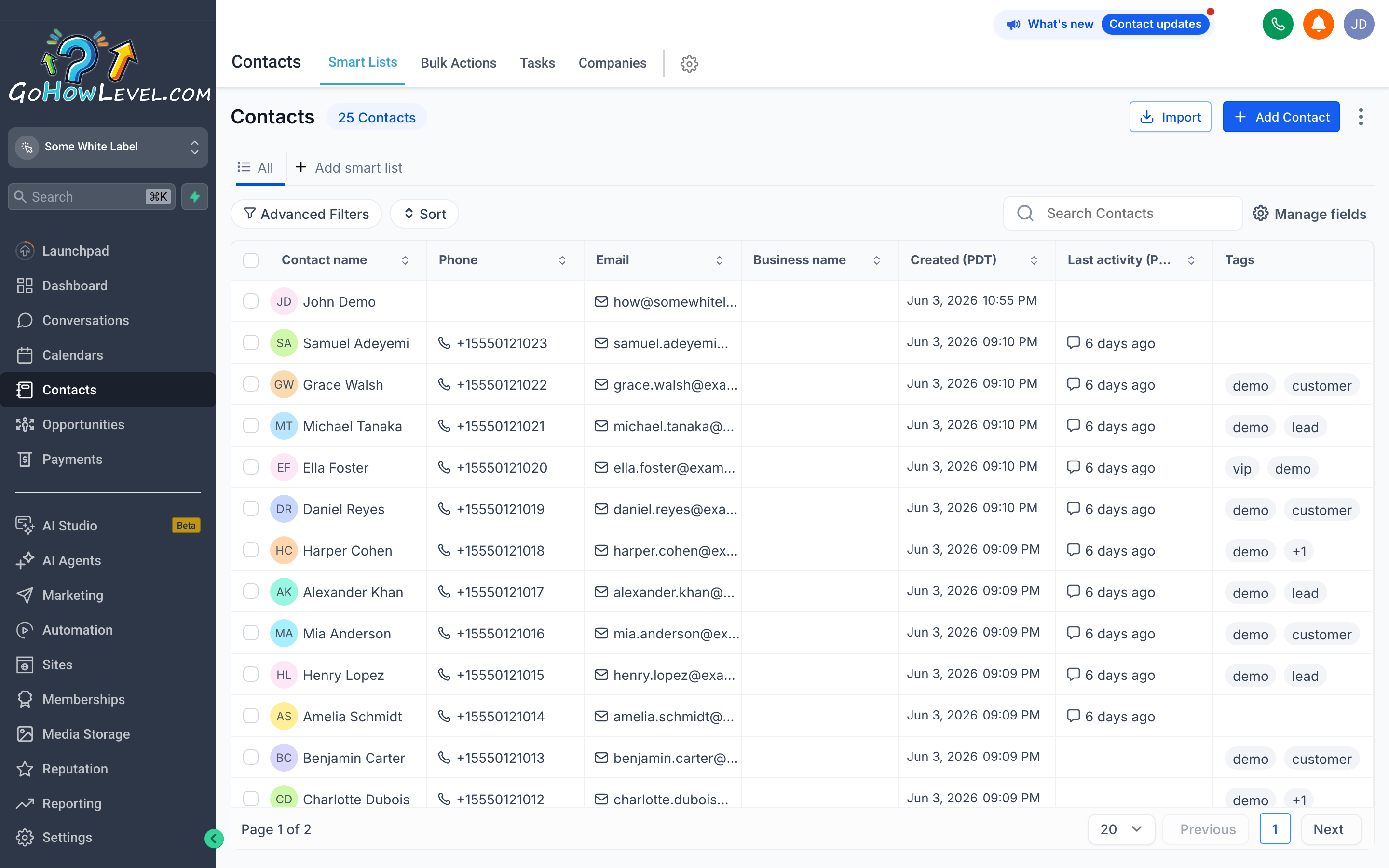 The revamped Contacts list view showing a clean table of contacts with sortable columns and the column management control at top-right