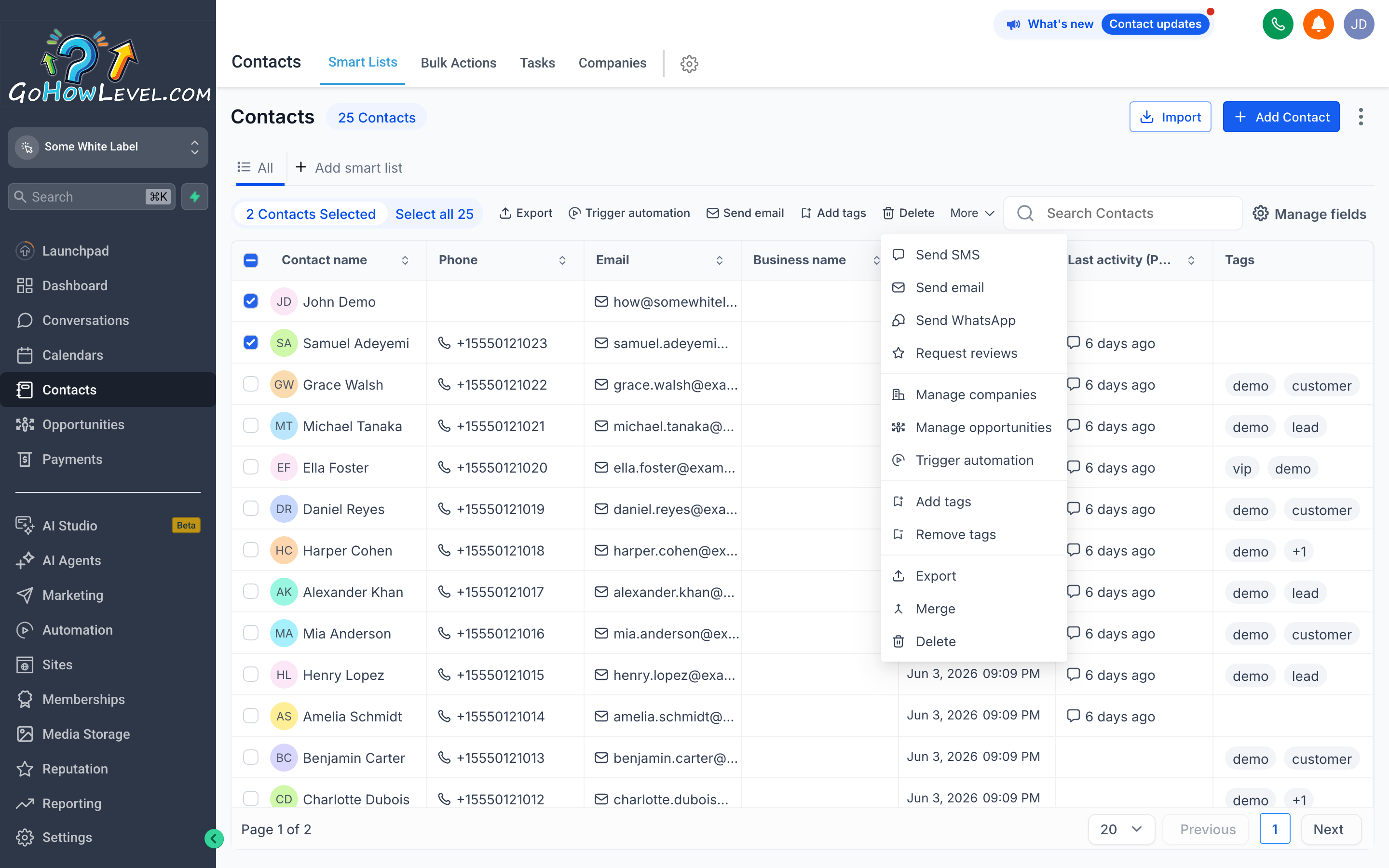 The Contacts list showing checkboxes selected on contact rows with the bulk action bar revealing the Delete option