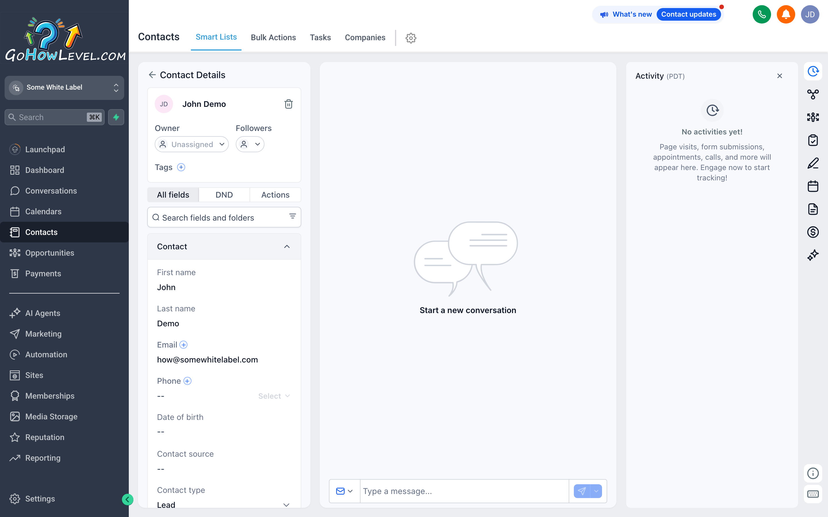 Full contact detail view showing profile fields, activity timeline, tags, opportunities, and conversation history