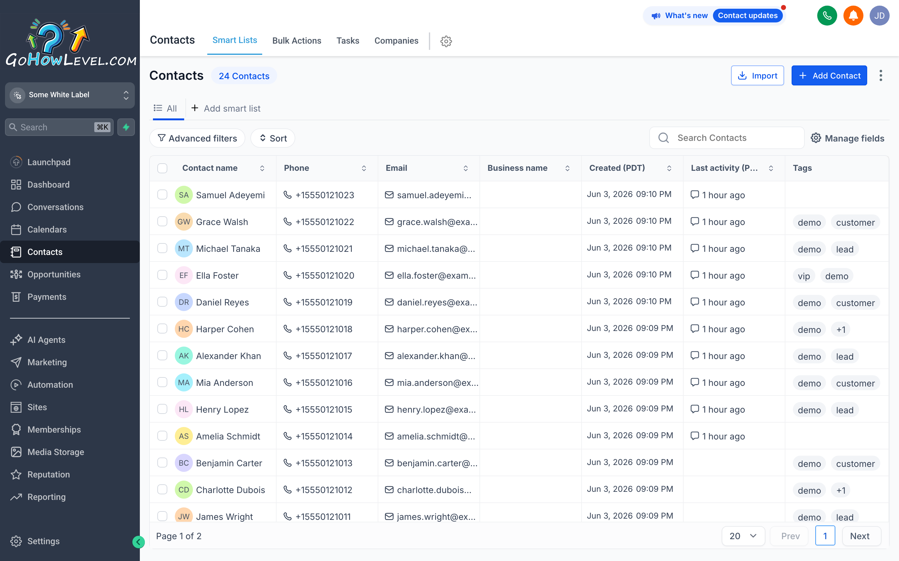 The Contacts list view showing a table of contacts with columns for name, phone, email, tags, and lead source