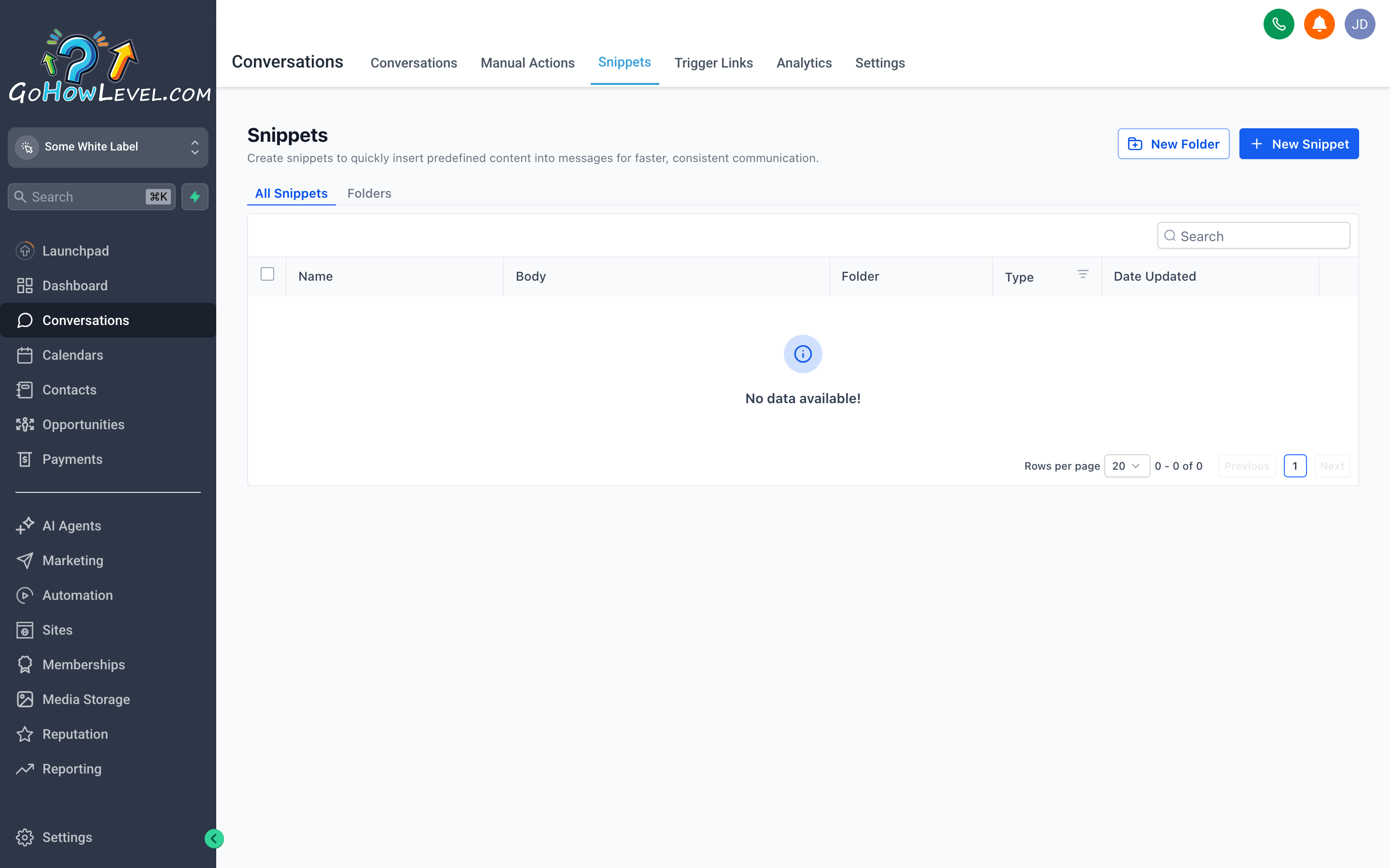 The Snippets panel open inside a conversation, showing a list of saved reply templates ready to insert