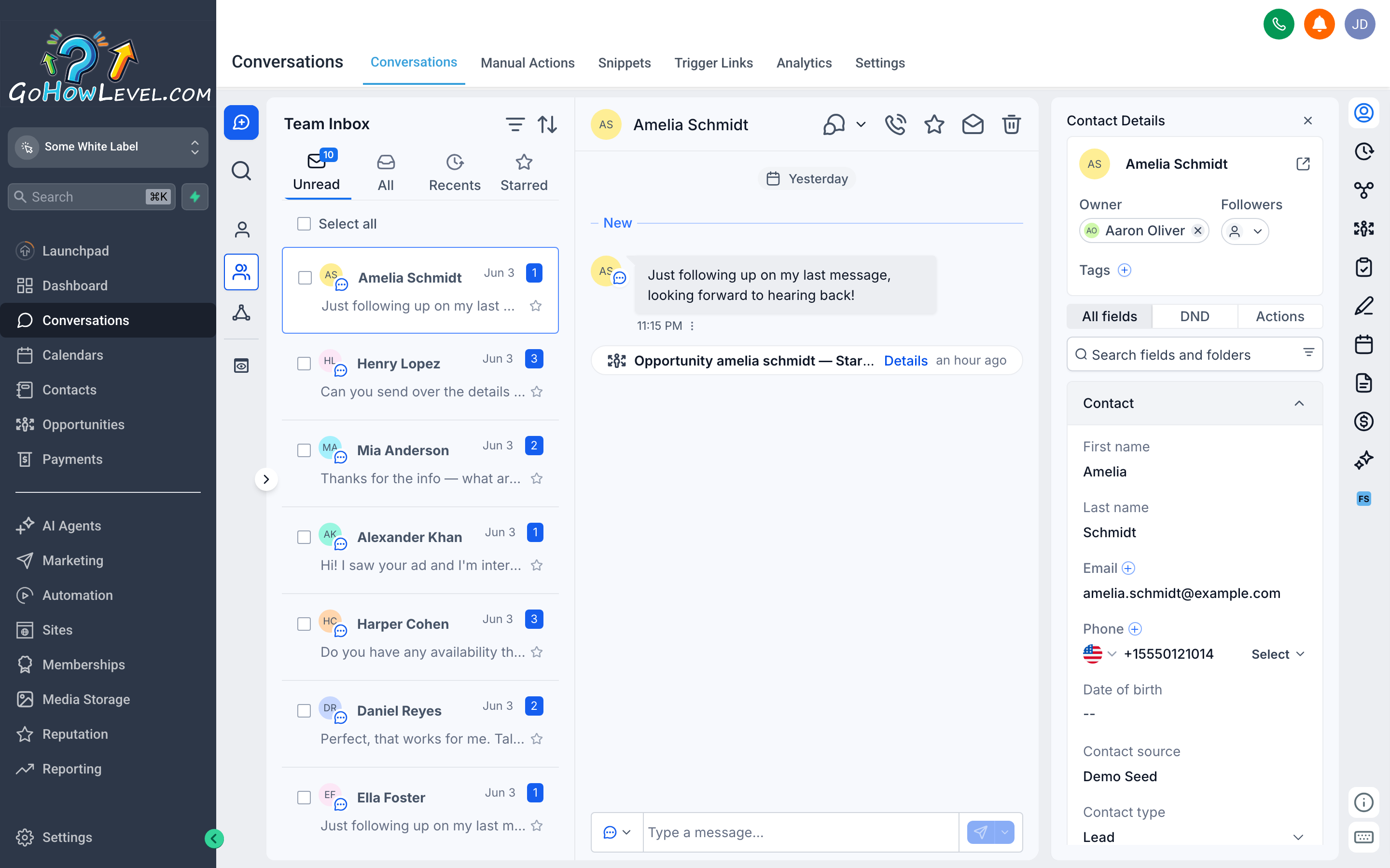 The Conversations inbox showing a list of message threads on the left and an open thread with a reply box on the right