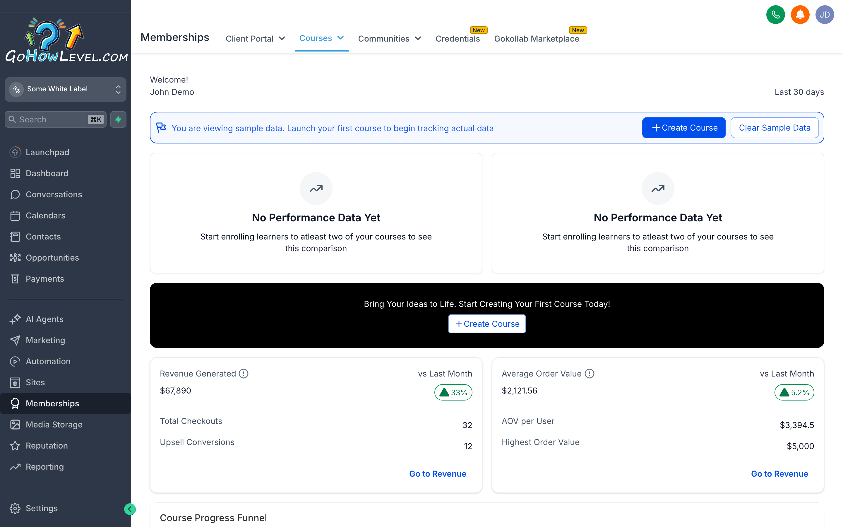The Memberships hub showing a course library with published and draft courses, a Communities section, and a Certificates tab