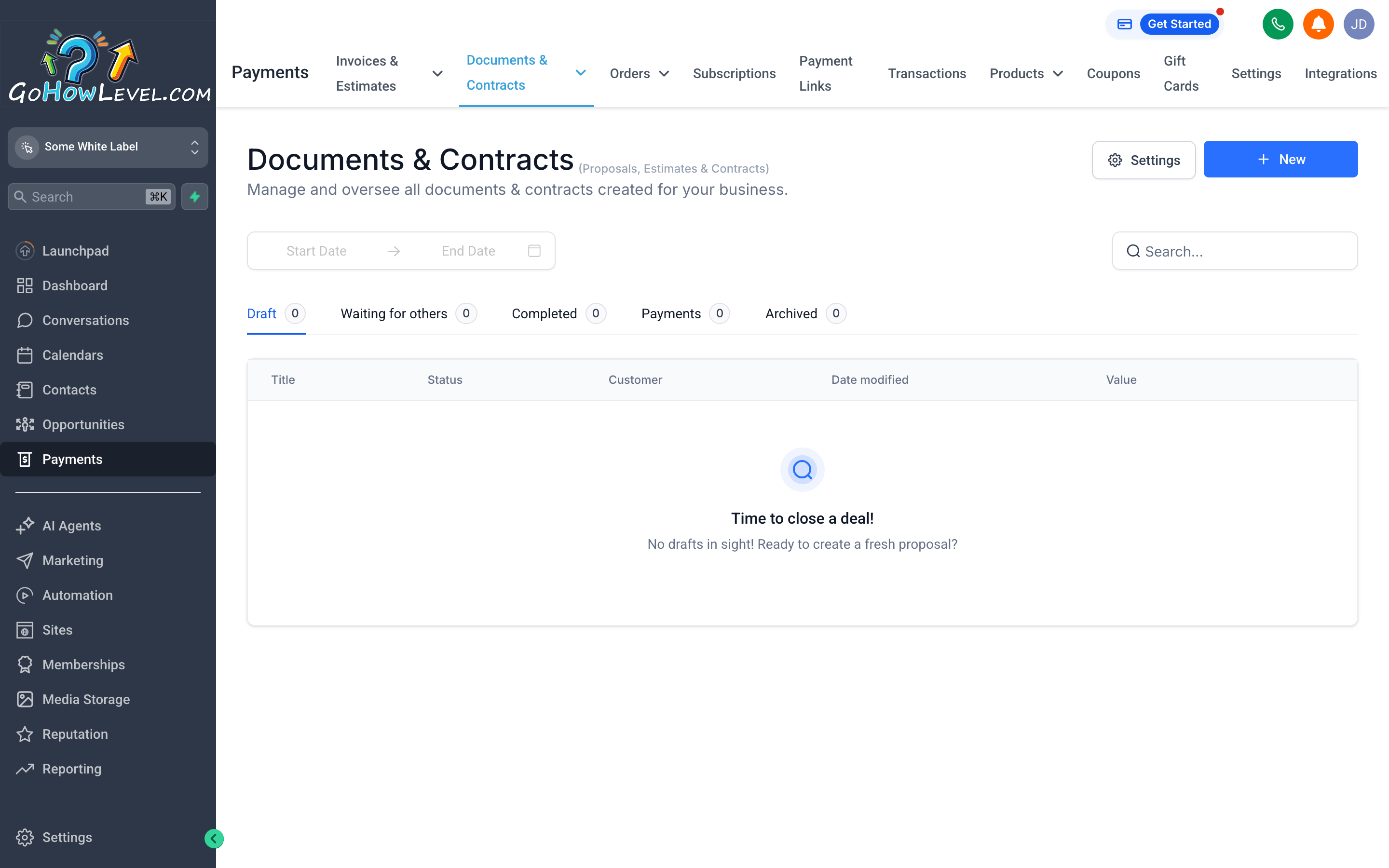The Documents and Contracts screen showing a list of proposals and contracts with e-signature status
