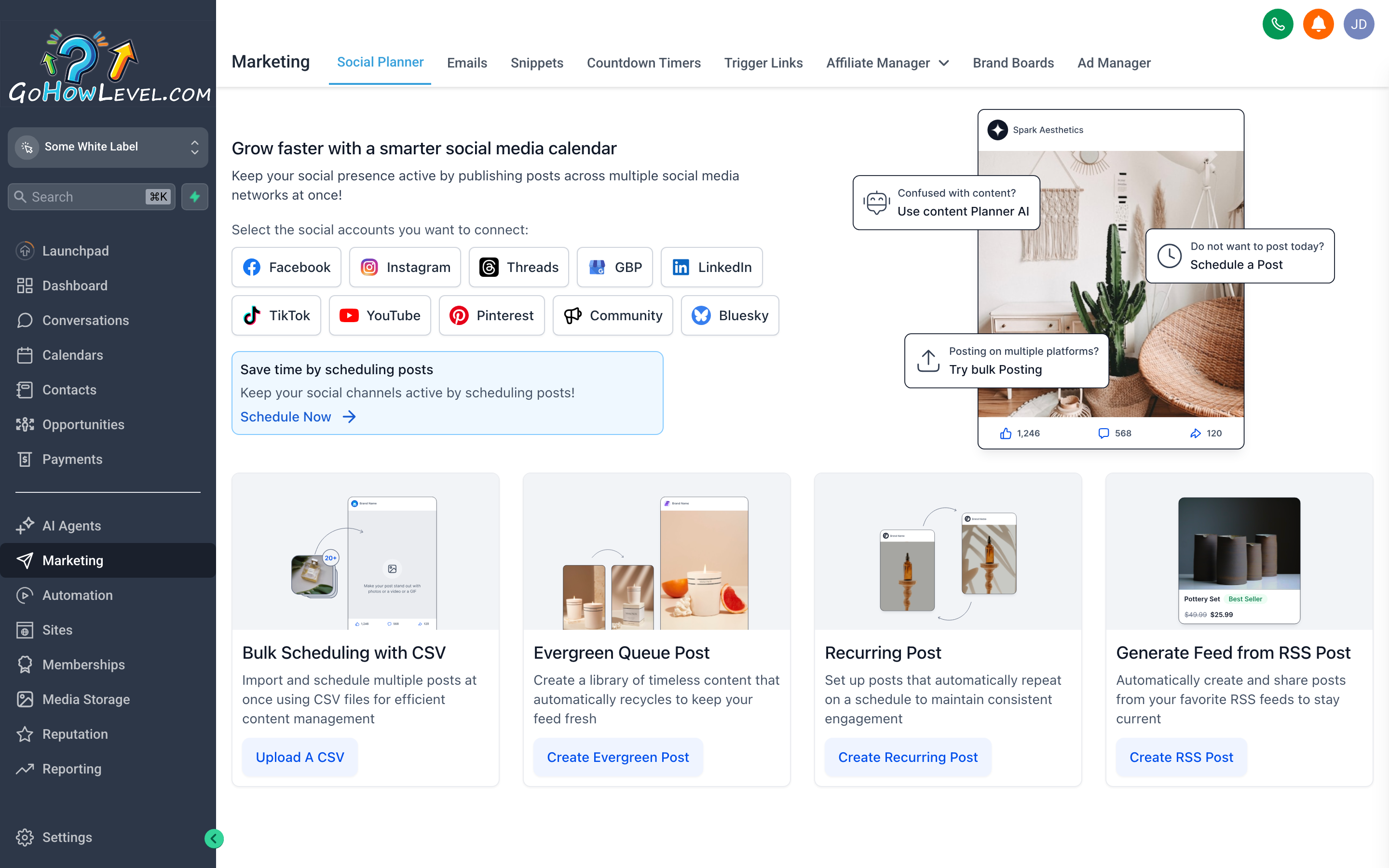 The Marketing section overview showing navigation links for Social Planner, Email Campaigns, Templates, Trigger Links, Affiliate Manager, and Brand Boards