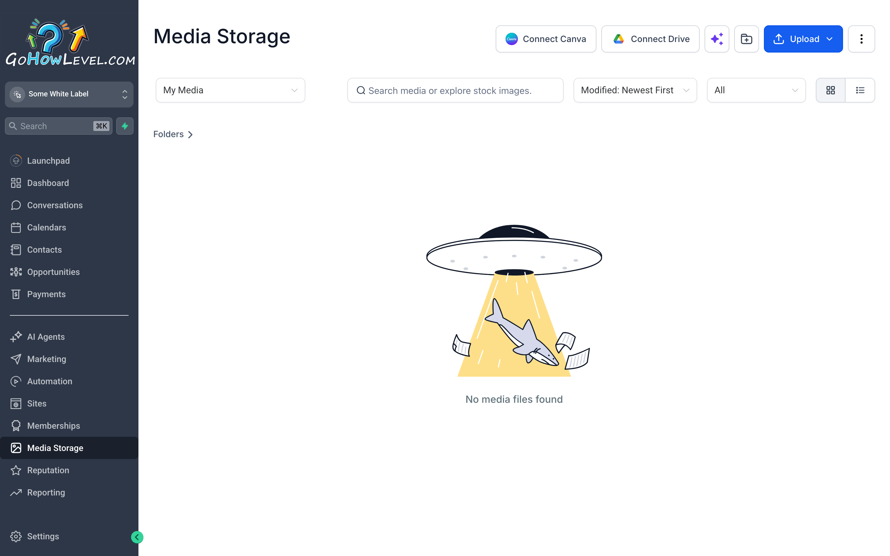 The Media Storage library showing a grid of uploaded images and videos organized into folders, with an upload button and search bar at the top
