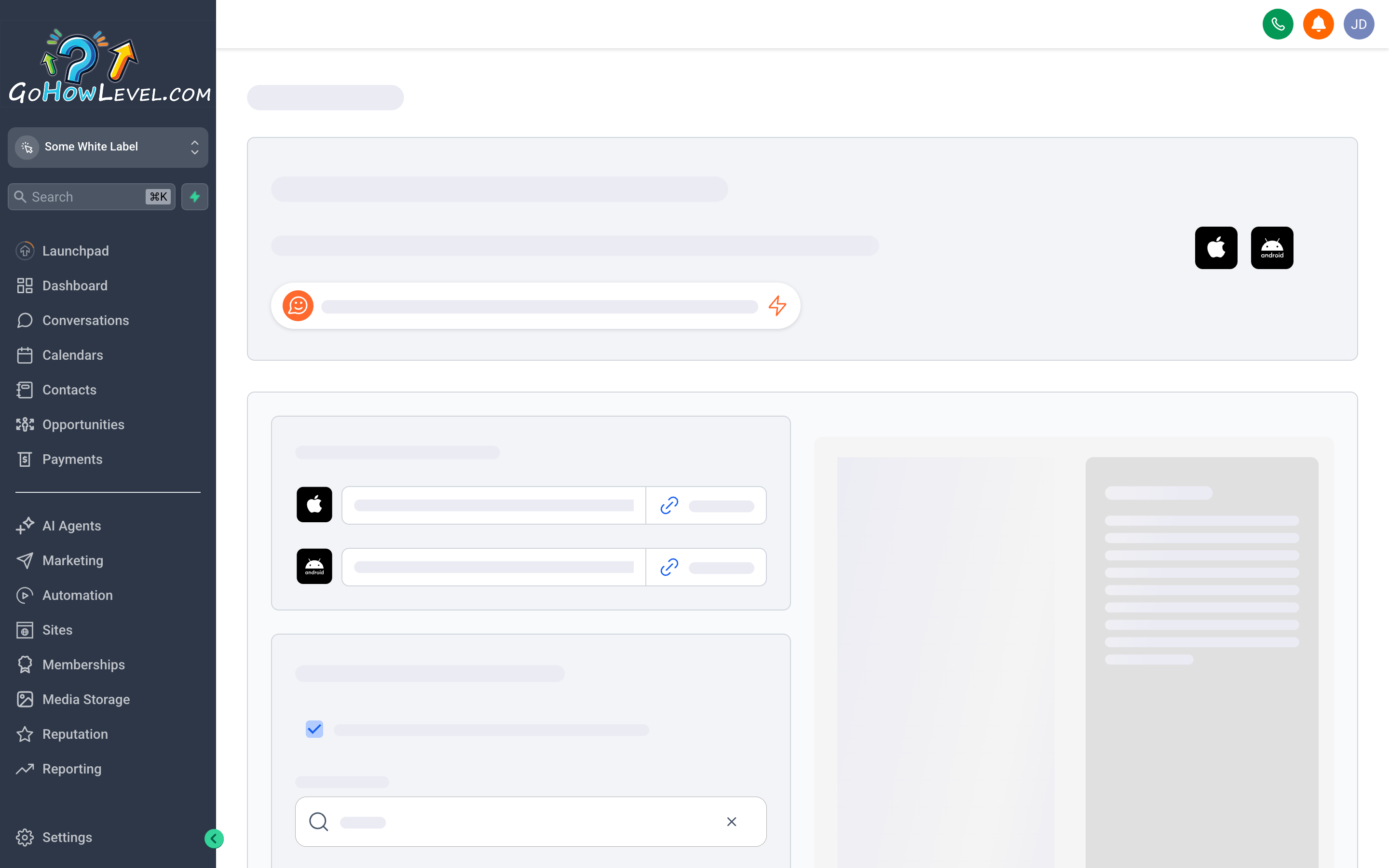 The mobile app home screen showing a conversations inbox, contact quick-actions, upcoming appointments, and a notification badge for new leads