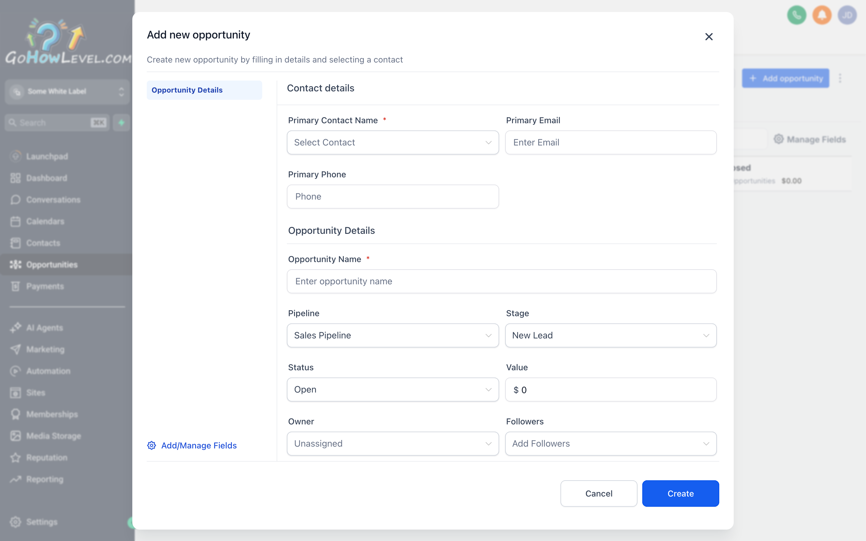New Opportunity form showing fields for contact, opportunity name, monetary value, pipeline, stage, and assigned user