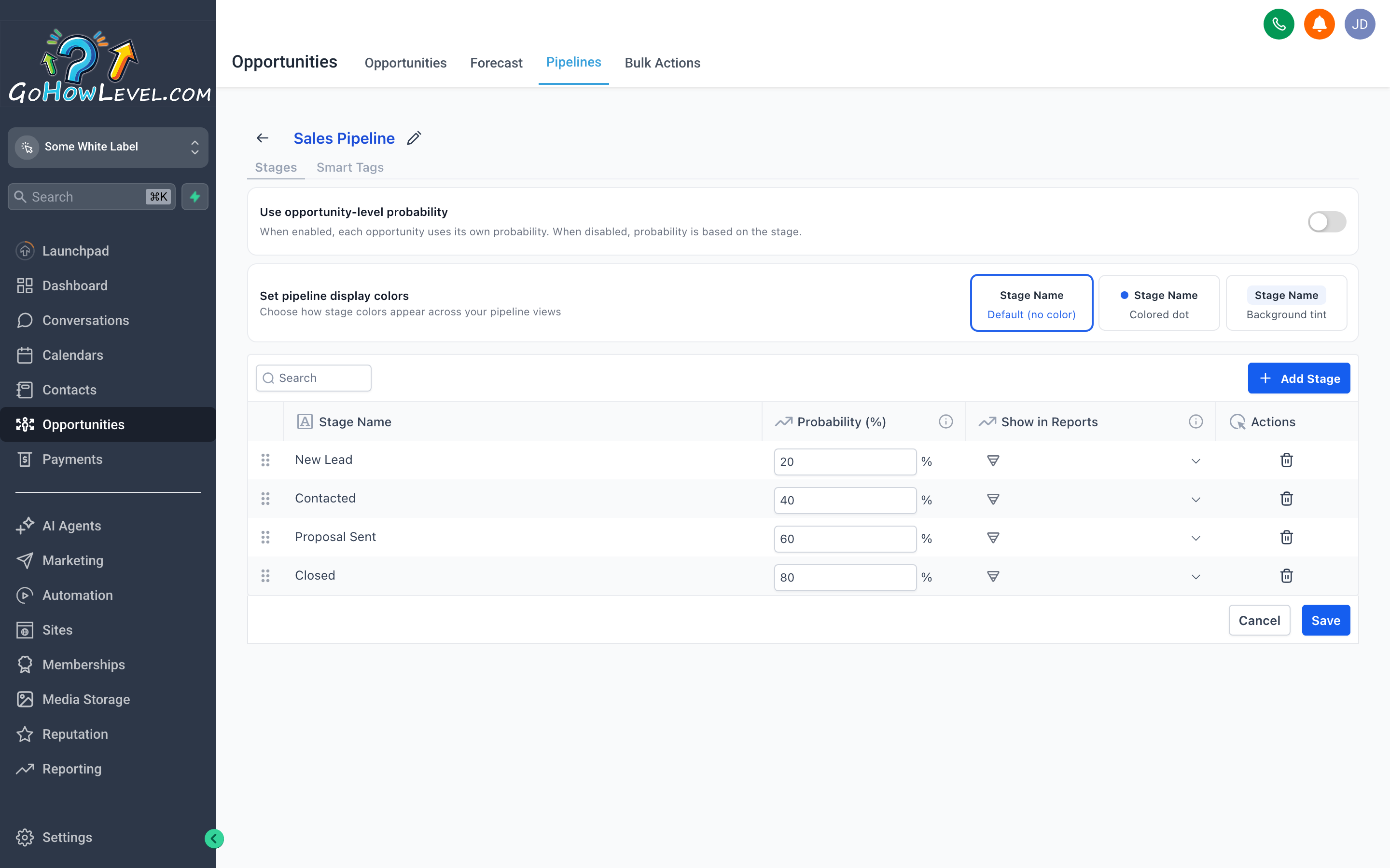Pipeline stage settings showing display-color options, per-stage probability, and report-visibility toggles