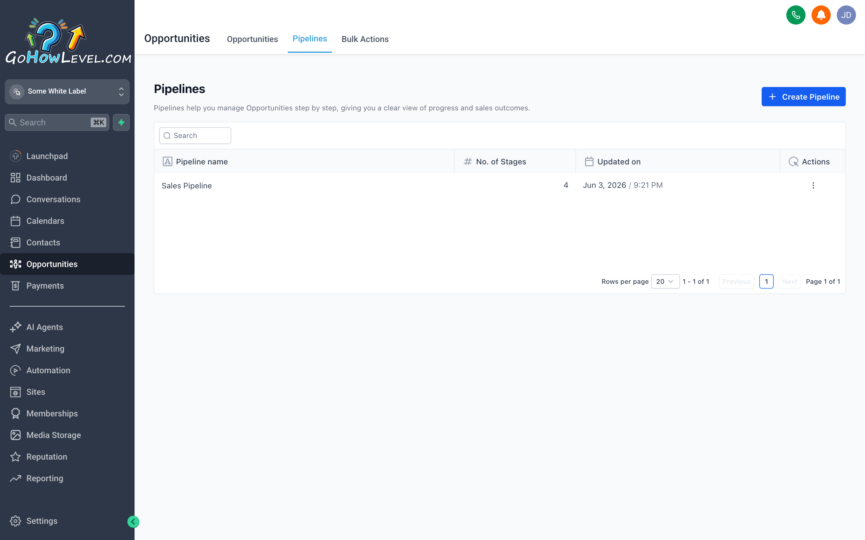 The GoHowLevel pipeline settings screen showing a list of pipelines and their editable stage names