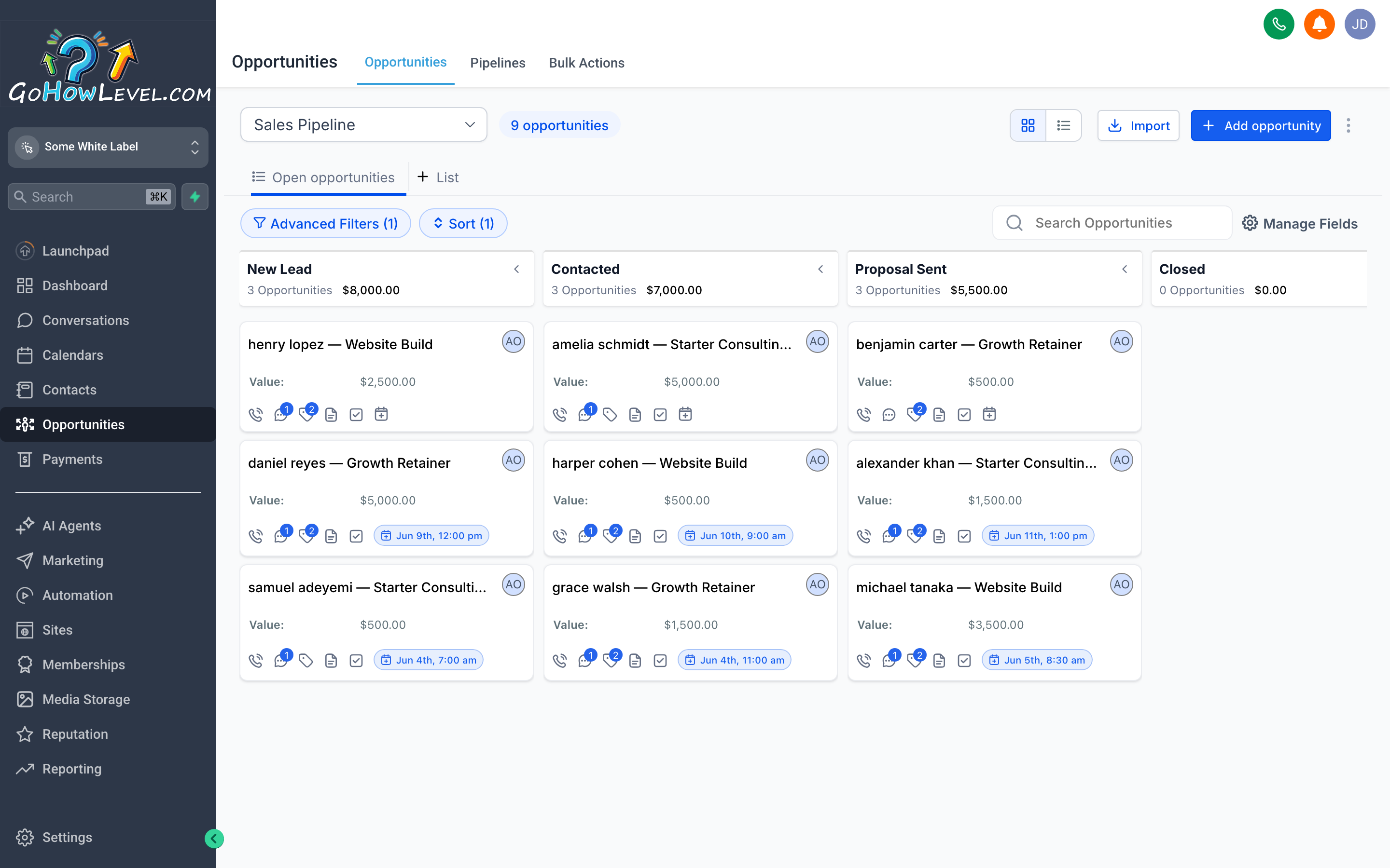 The GoHowLevel Opportunities screen showing a Kanban pipeline board with deal cards in stage columns