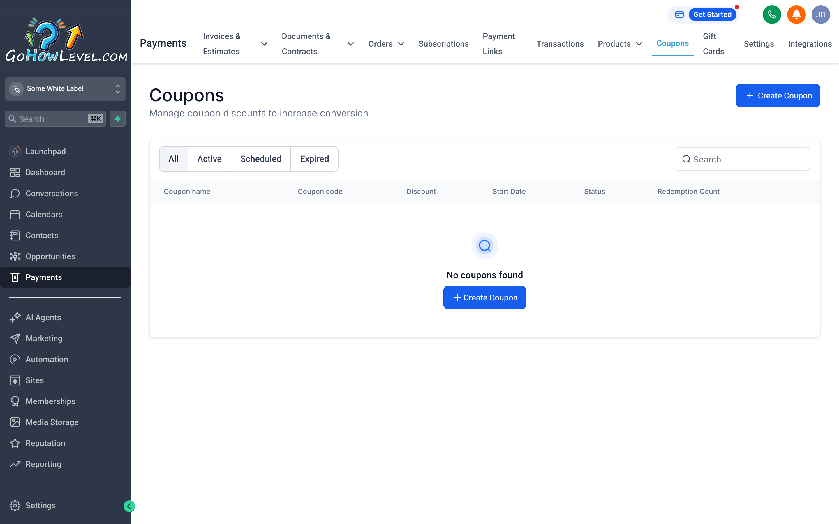 The Coupons tab showing a list of discount codes with usage limits and expiry dates