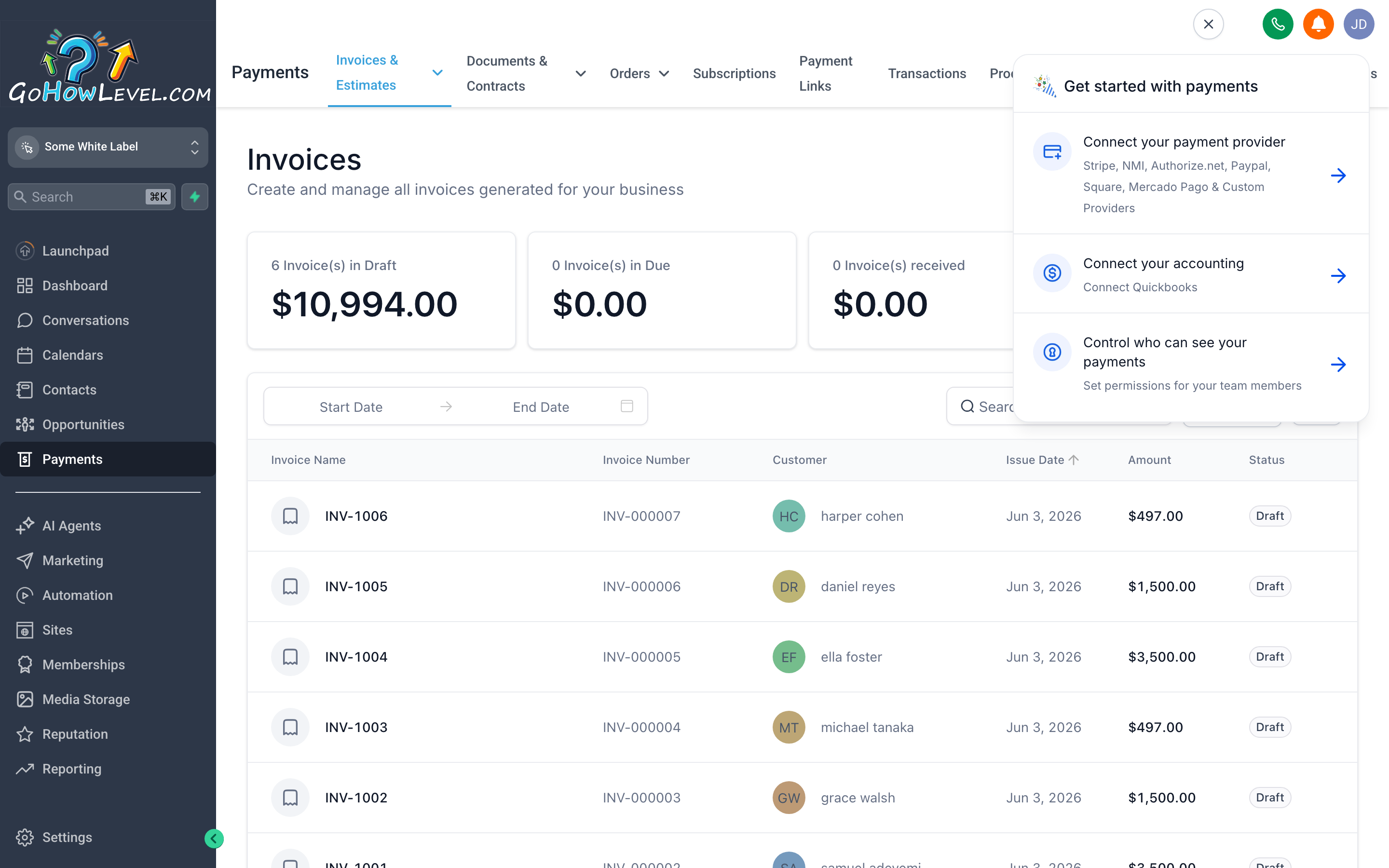The Payments overview screen showing the Invoices tab with a list of draft, sent, and paid invoices