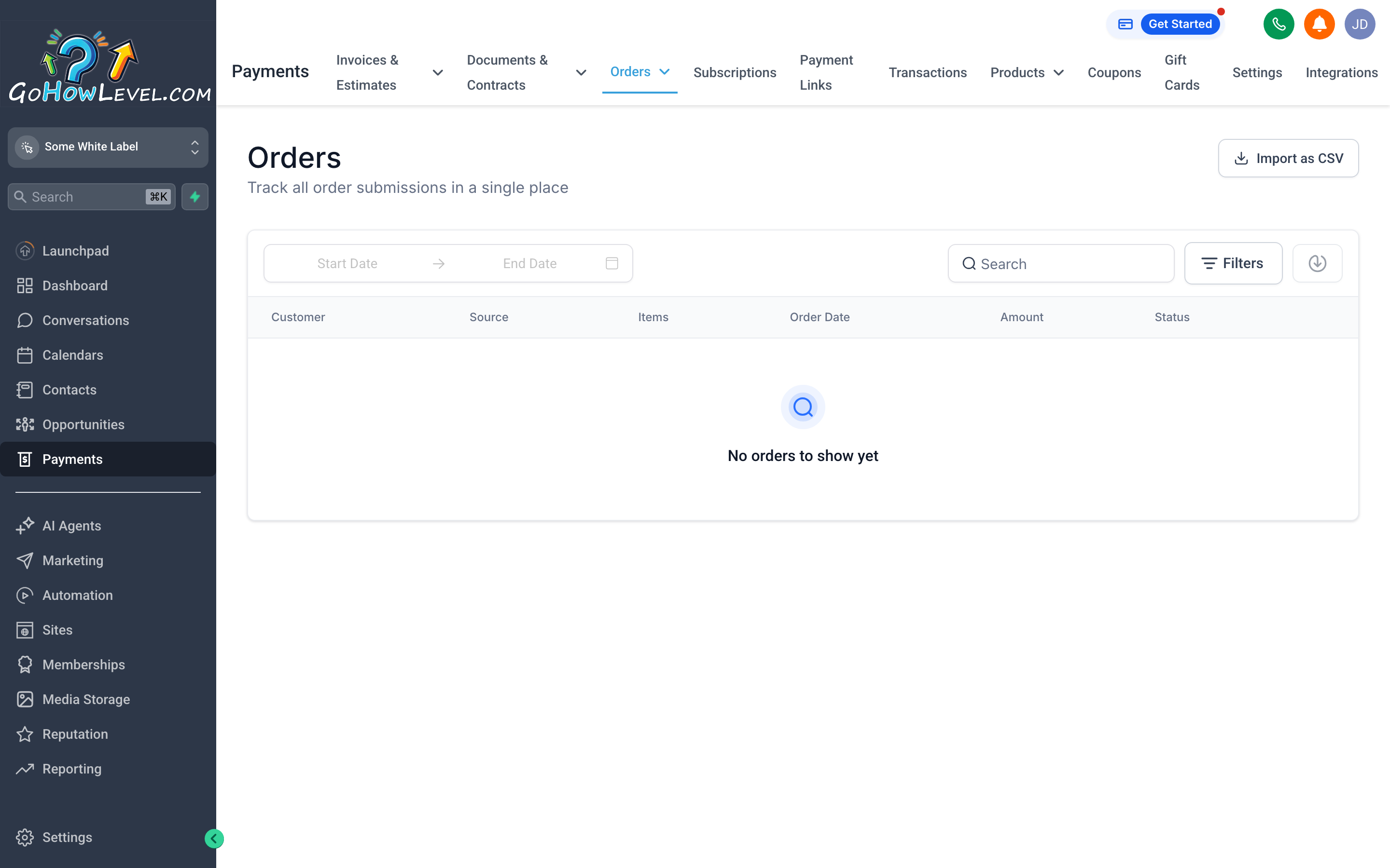 The Orders tab showing a list of completed purchases with contact names, products, and totals
