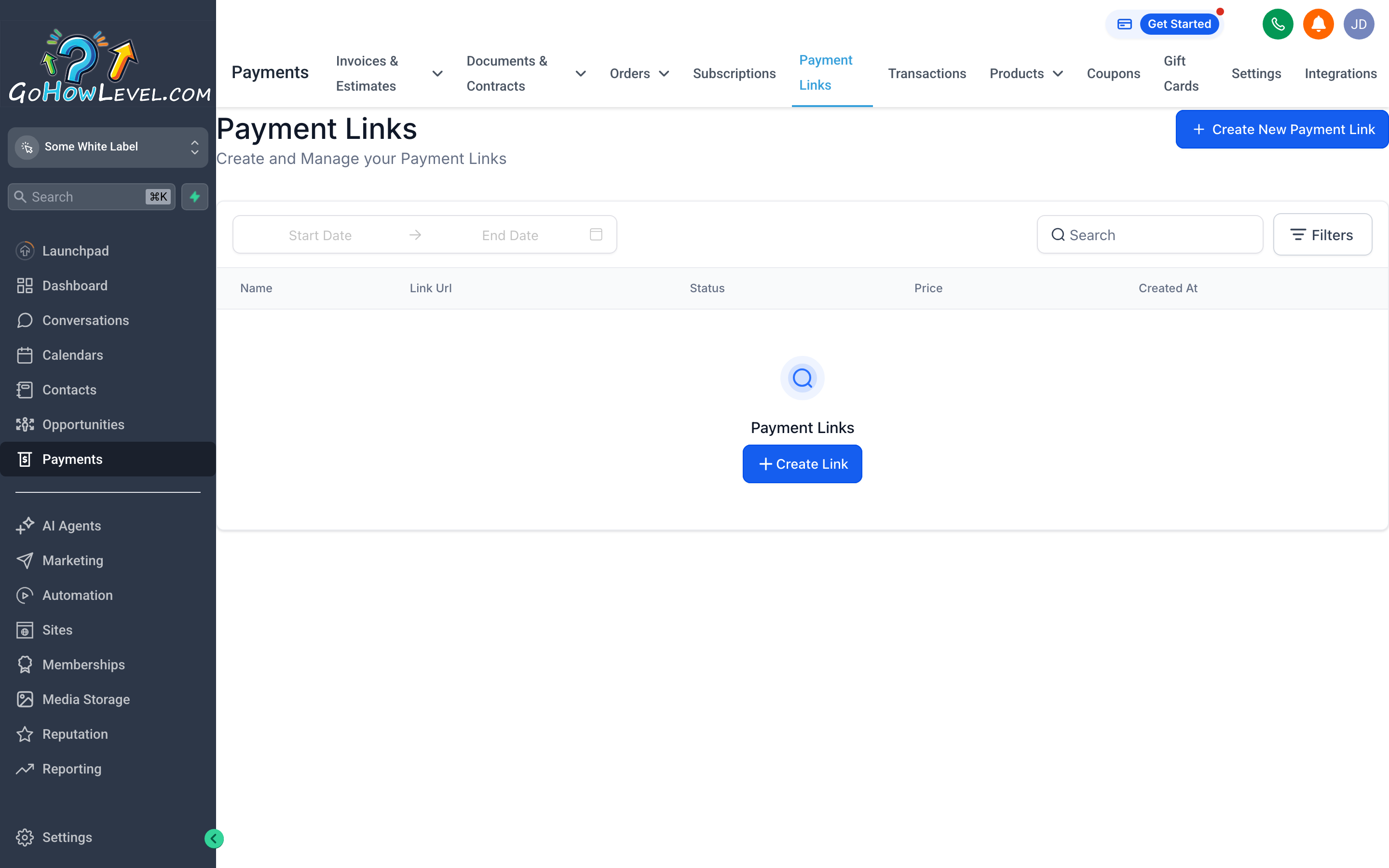 A payment link configuration screen showing a product selection and shareable URL
