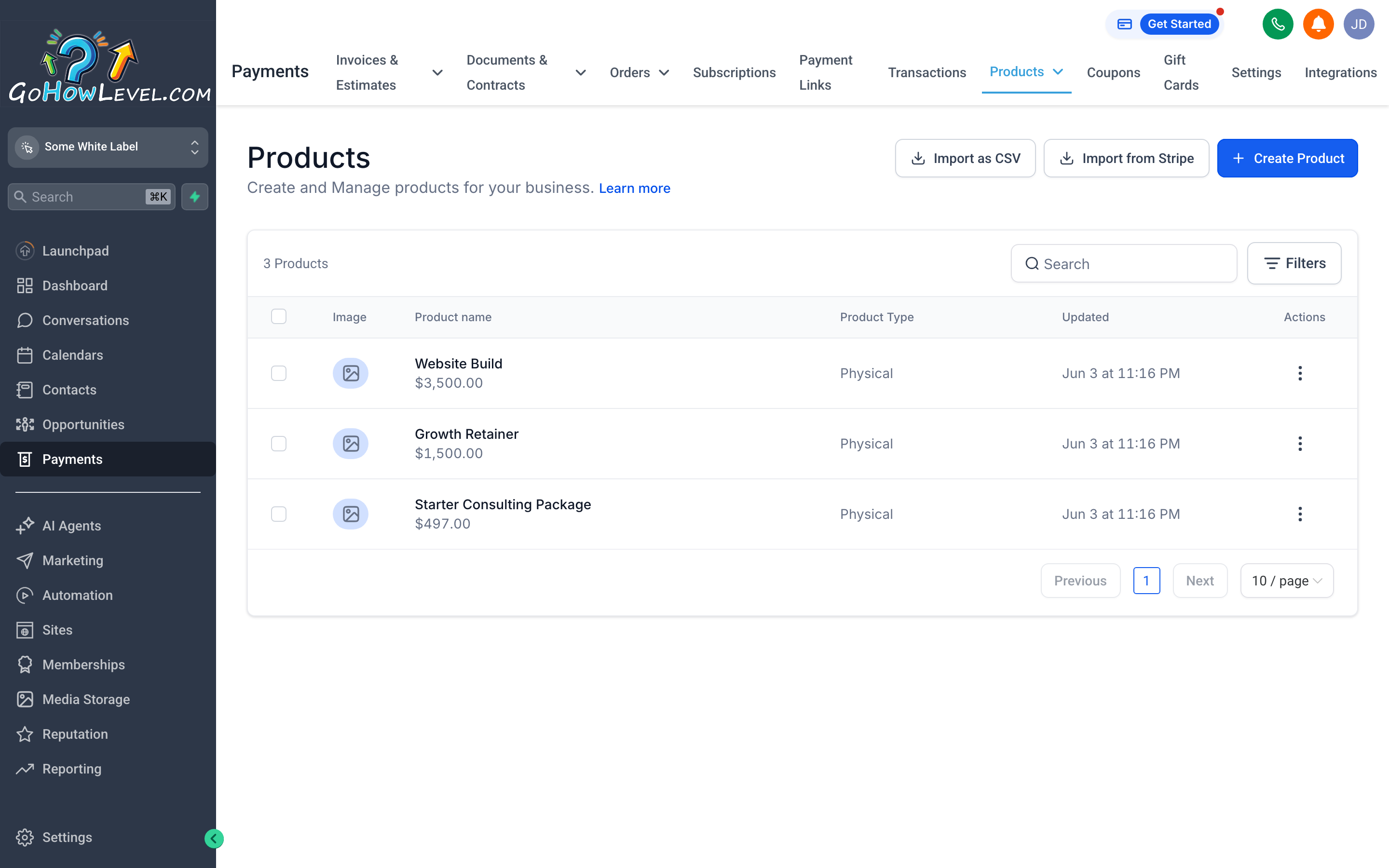 The Products tab showing a catalog of services with names, descriptions, and prices
