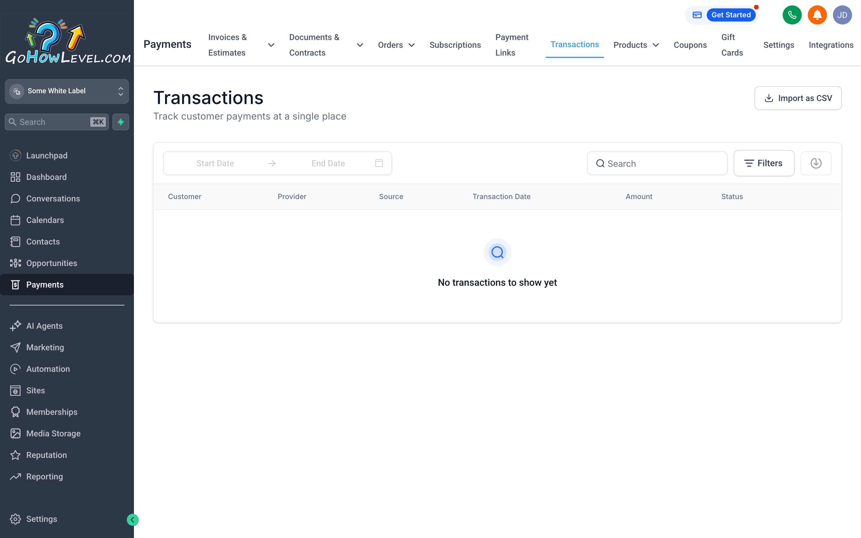 The Transactions tab showing a detailed ledger of money in and out across all payment methods