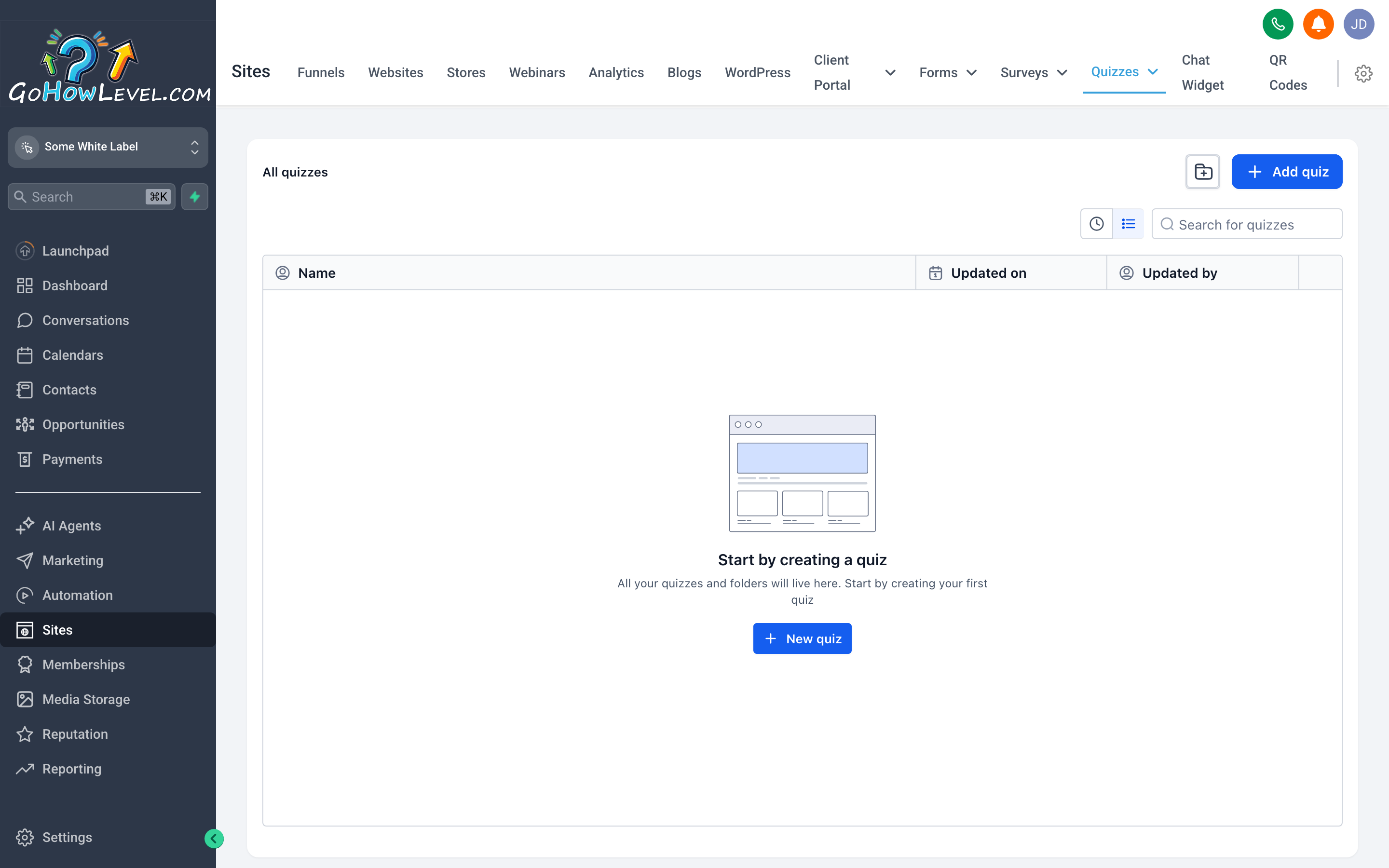 The quiz builder showing a scored quiz with multiple-choice questions, answer point values, and a results page configuration panel