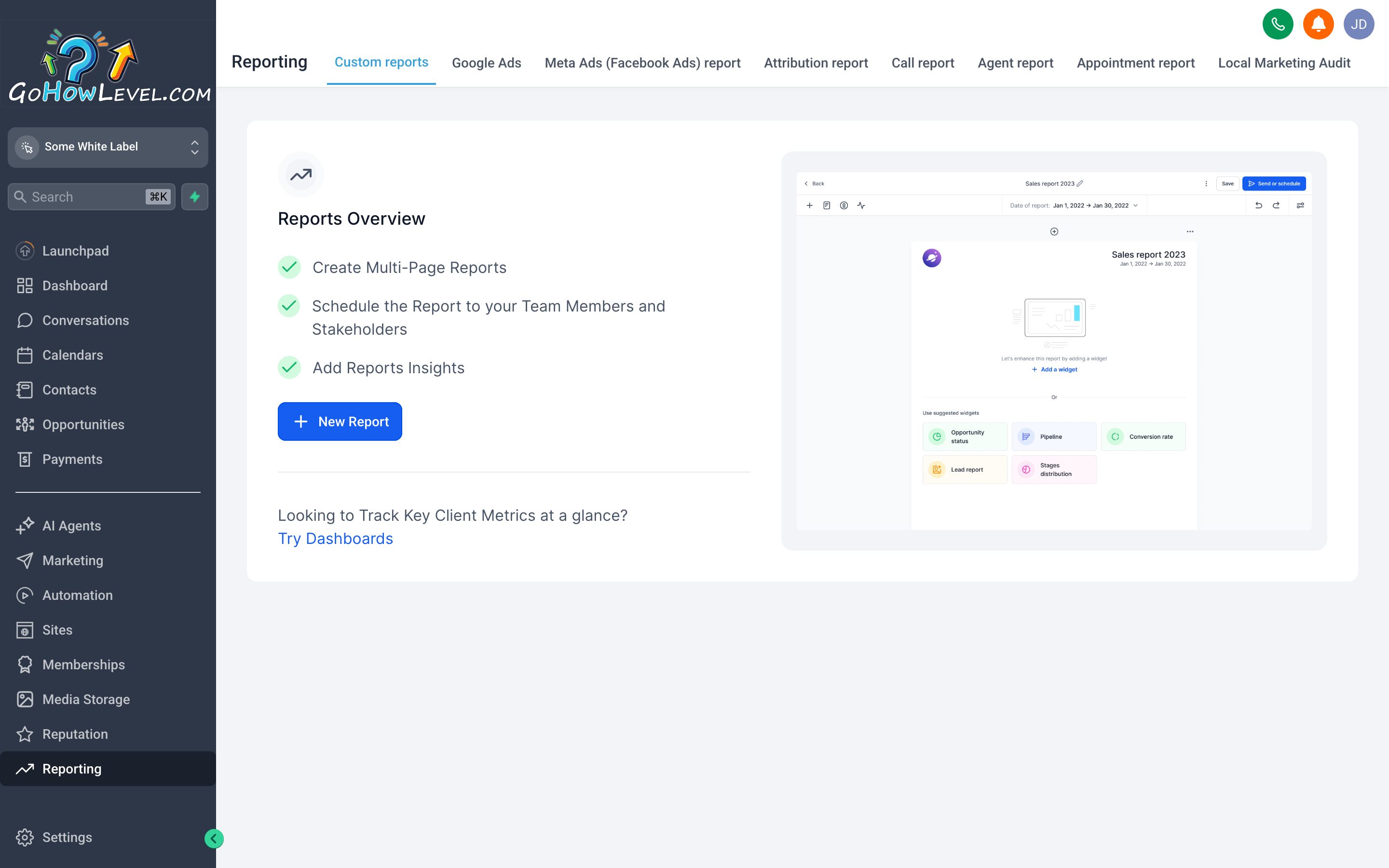 The Reporting hub overview showing summary cards for appointments, pipeline revenue, and conversion rate, with a date range selector and navigation tabs for different report types