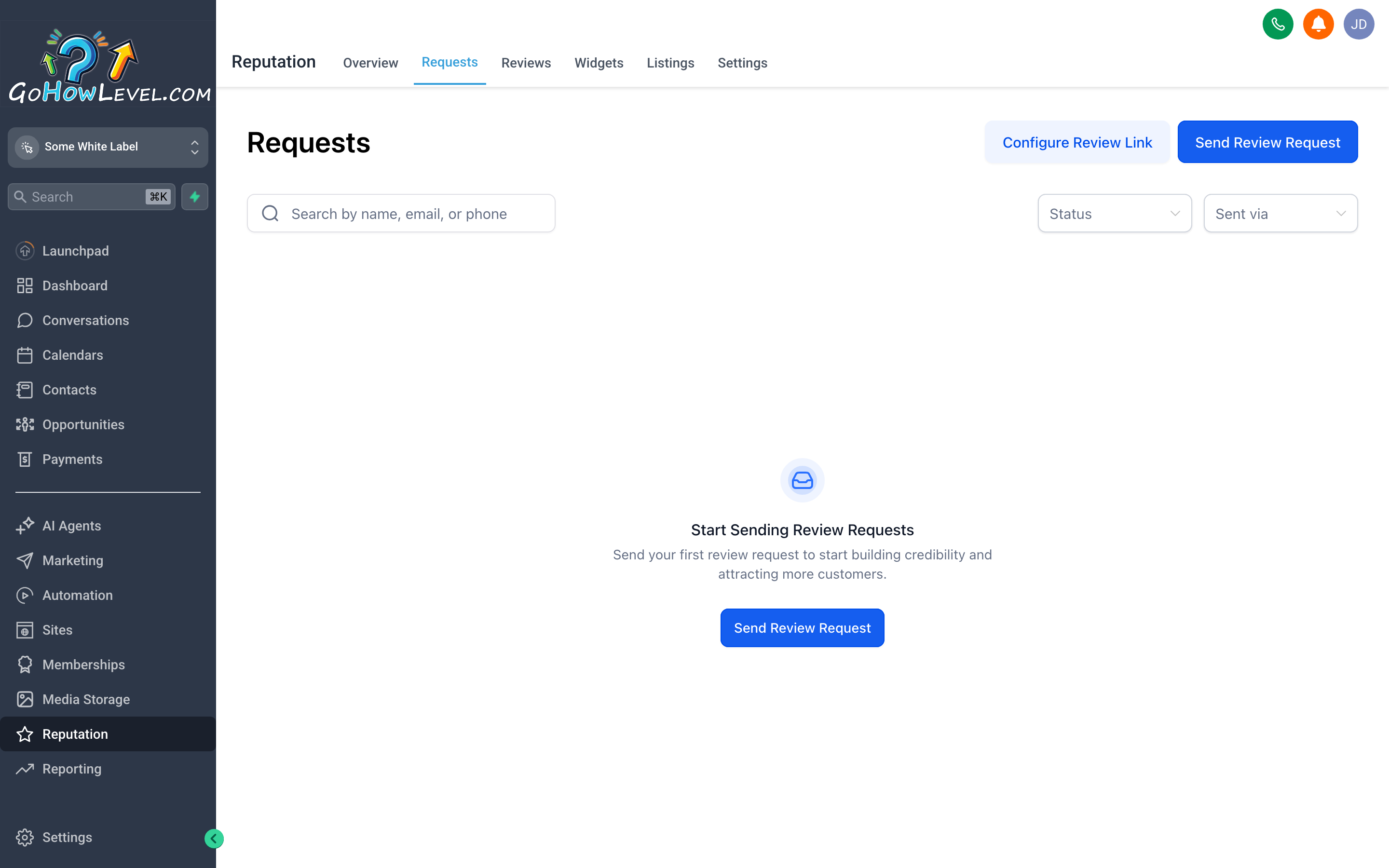 The GoHowLevel Reputation review requests screen showing a contact search field, SMS and email channel options, and a send button