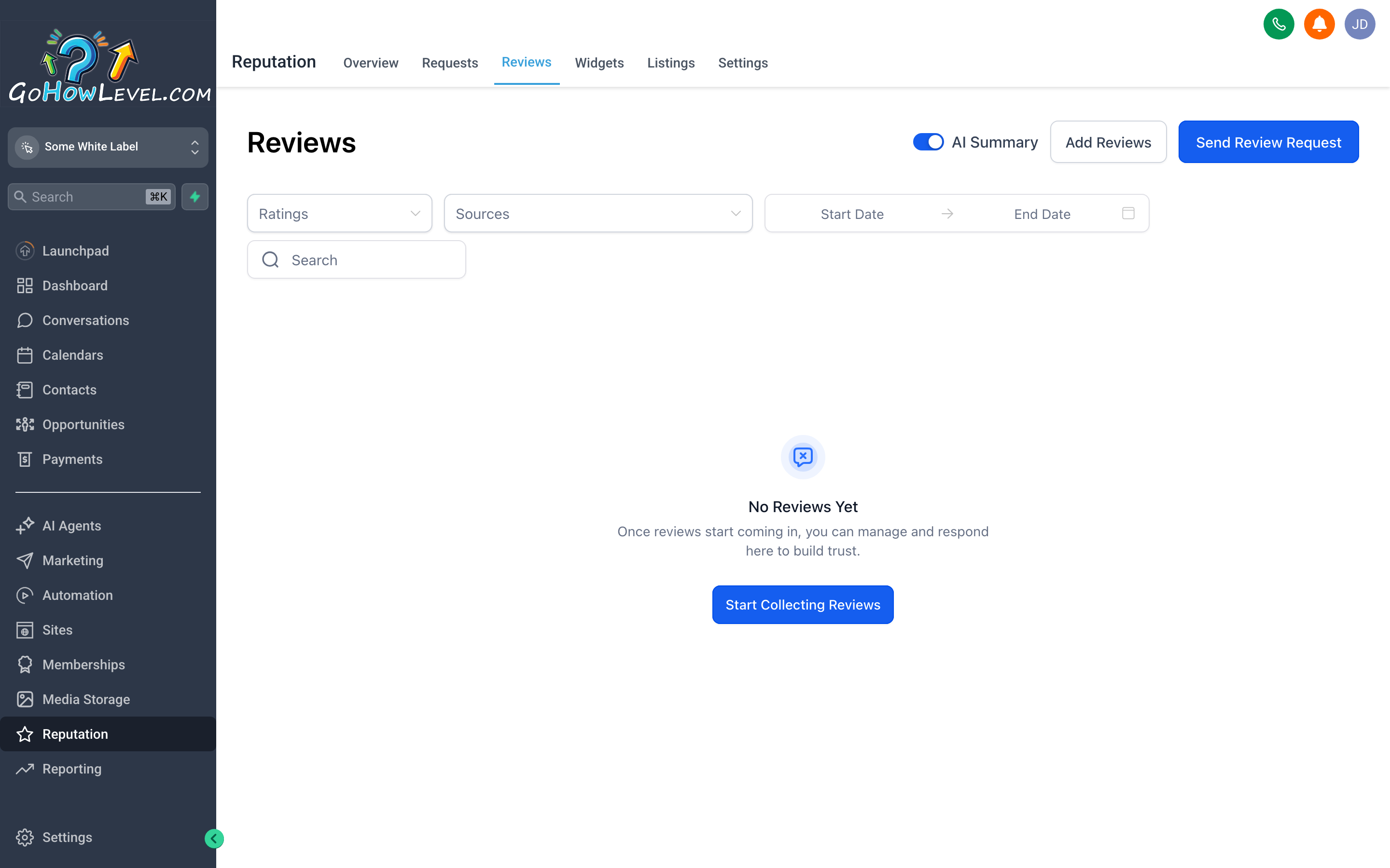 The GoHowLevel Reputation reviews screen showing a list of incoming reviews with star ratings, review text, and reply fields