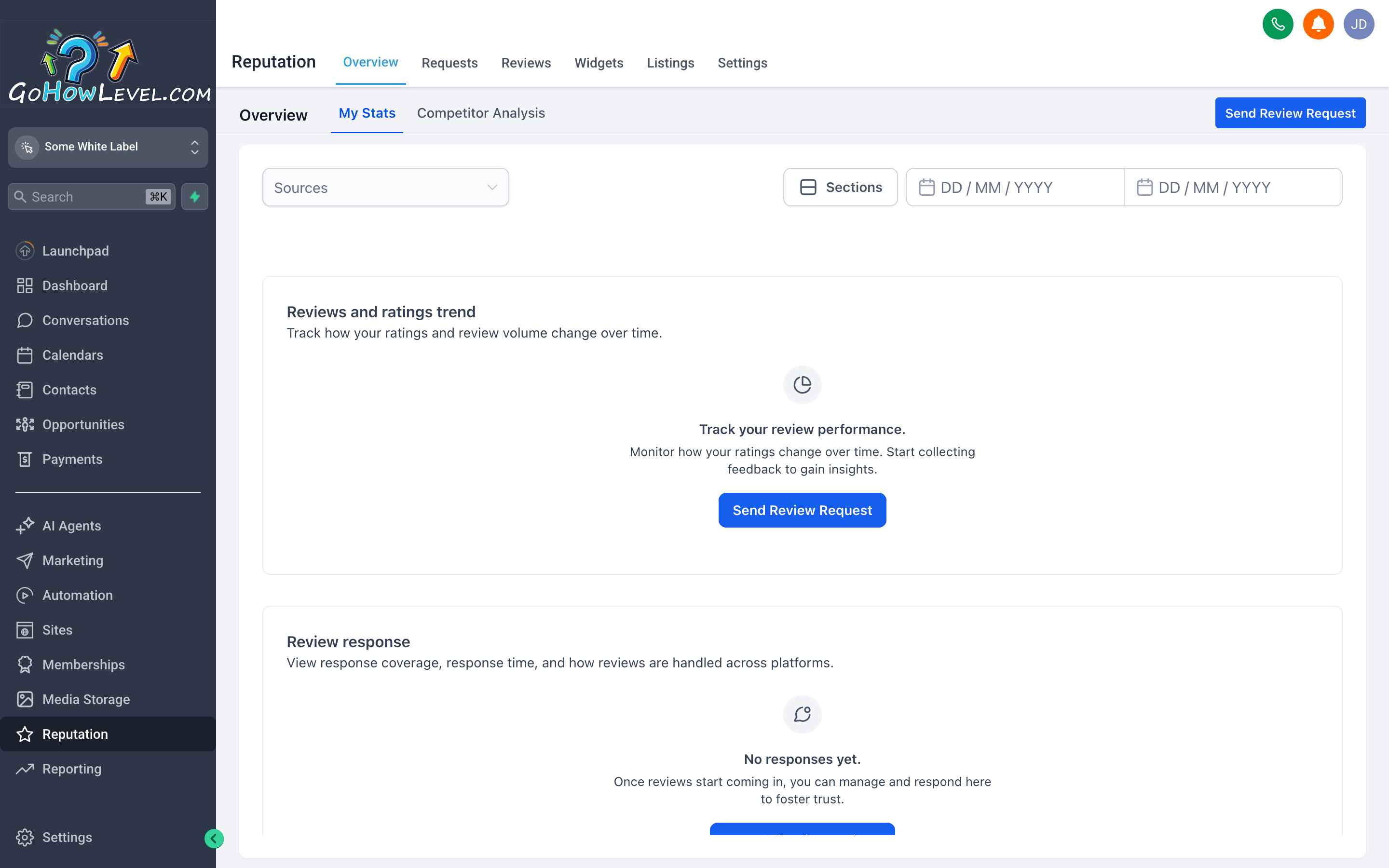 The GoHowLevel Reputation overview dashboard showing overall star rating, total review count, and a breakdown by platform