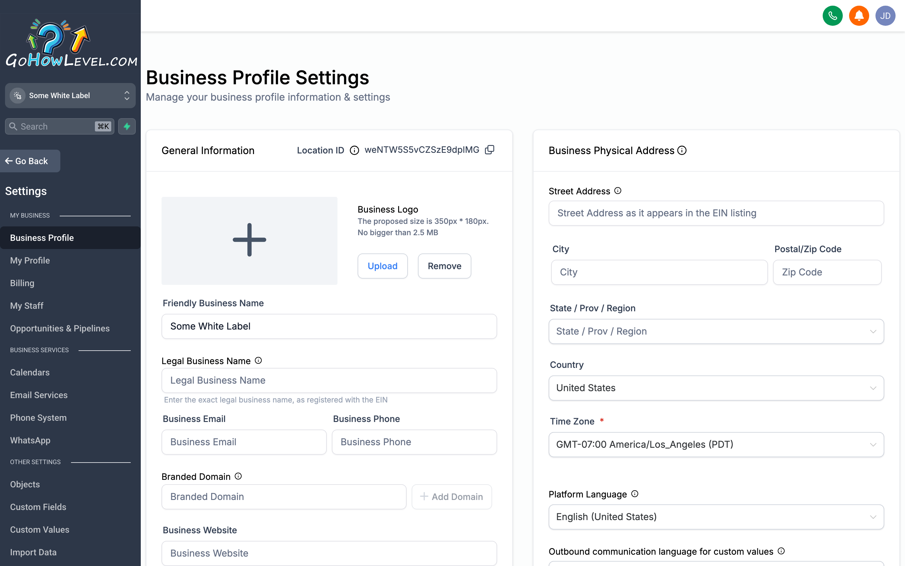 The Business Info settings page showing fields for company name, address, phone, website, and business hours