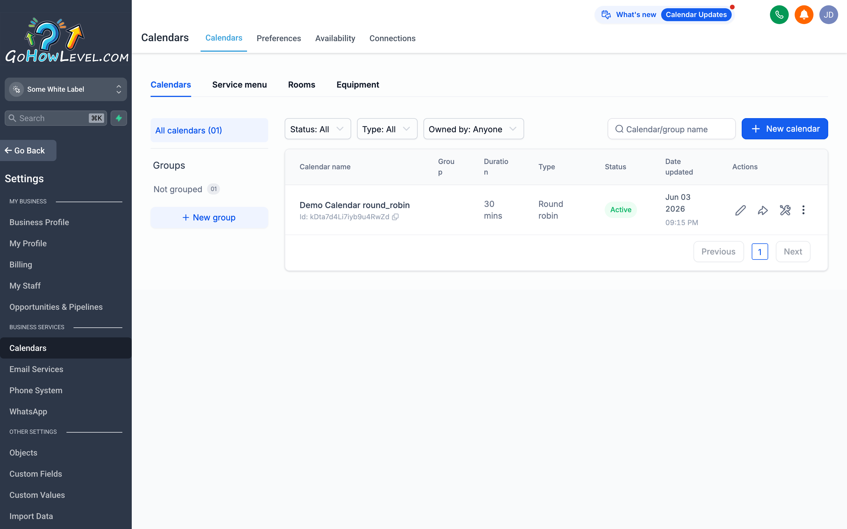 The Calendar Settings page showing availability slots, appointment types, and booking rules