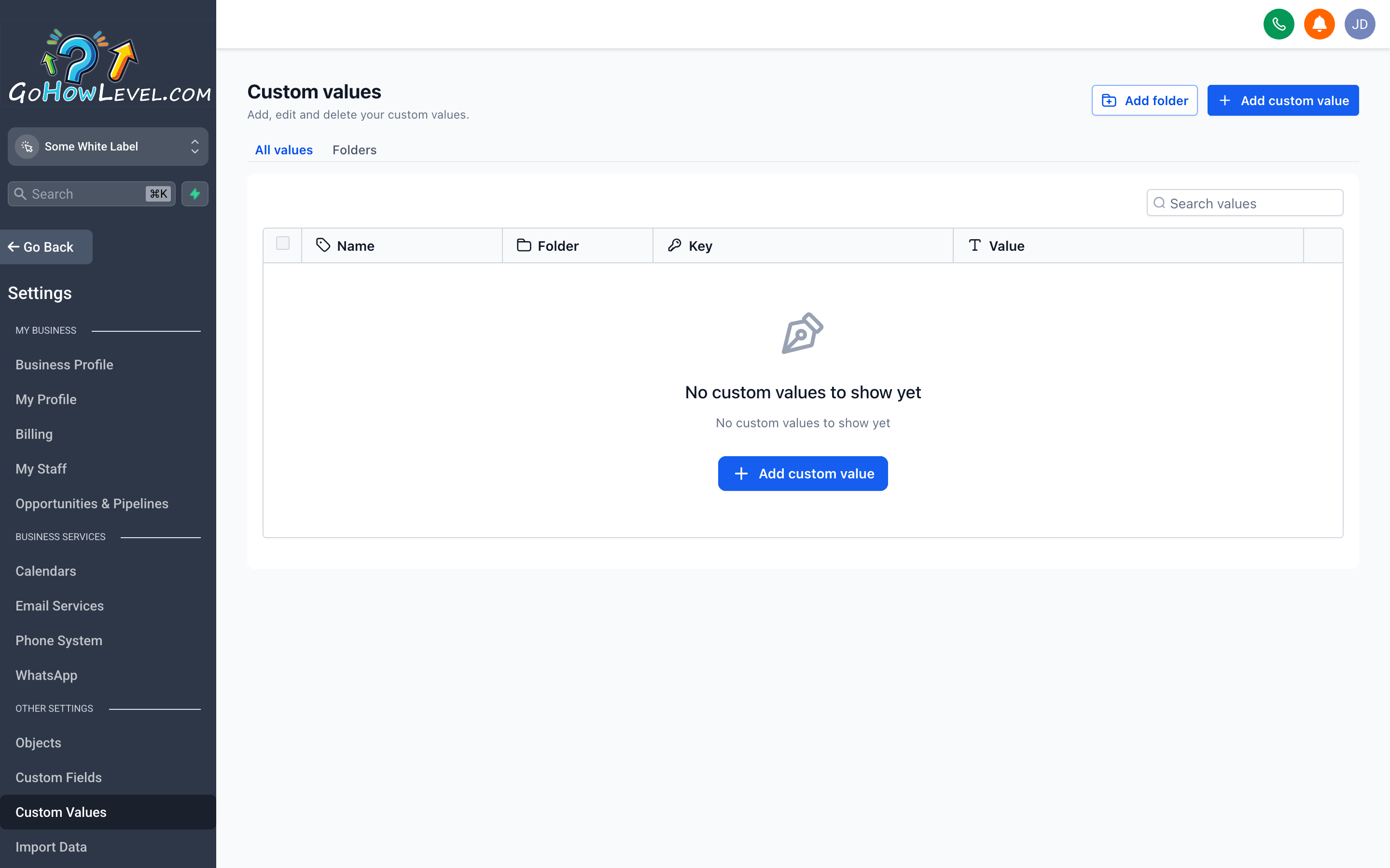 The Custom Values settings page showing a list of reusable variable names and their current values
