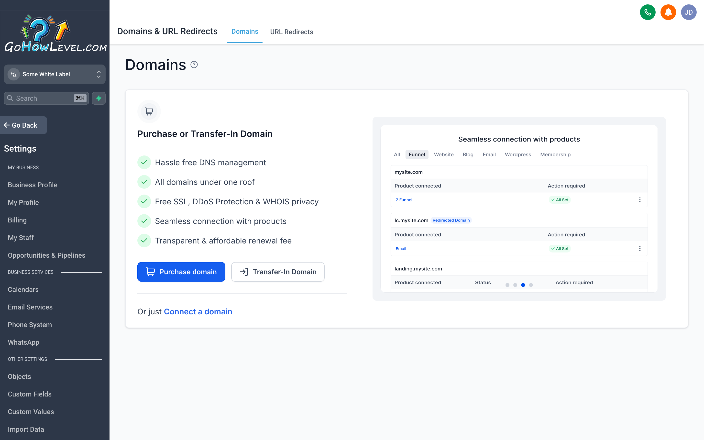 The Domains settings page showing a custom domain connected to the account with SSL status and assignment options