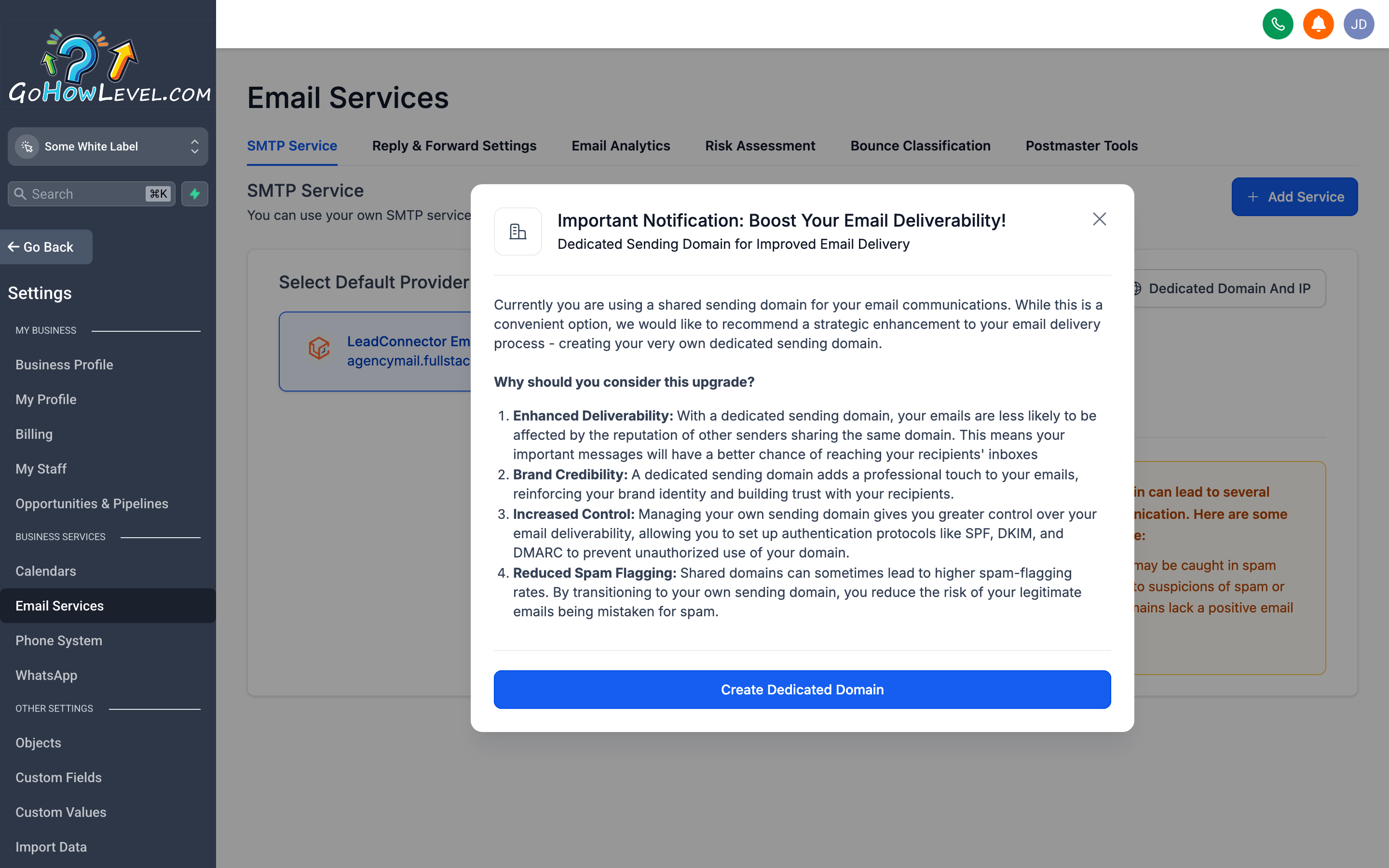 The Email Settings page showing a connected sending domain, DKIM verification status, and SMTP configuration options