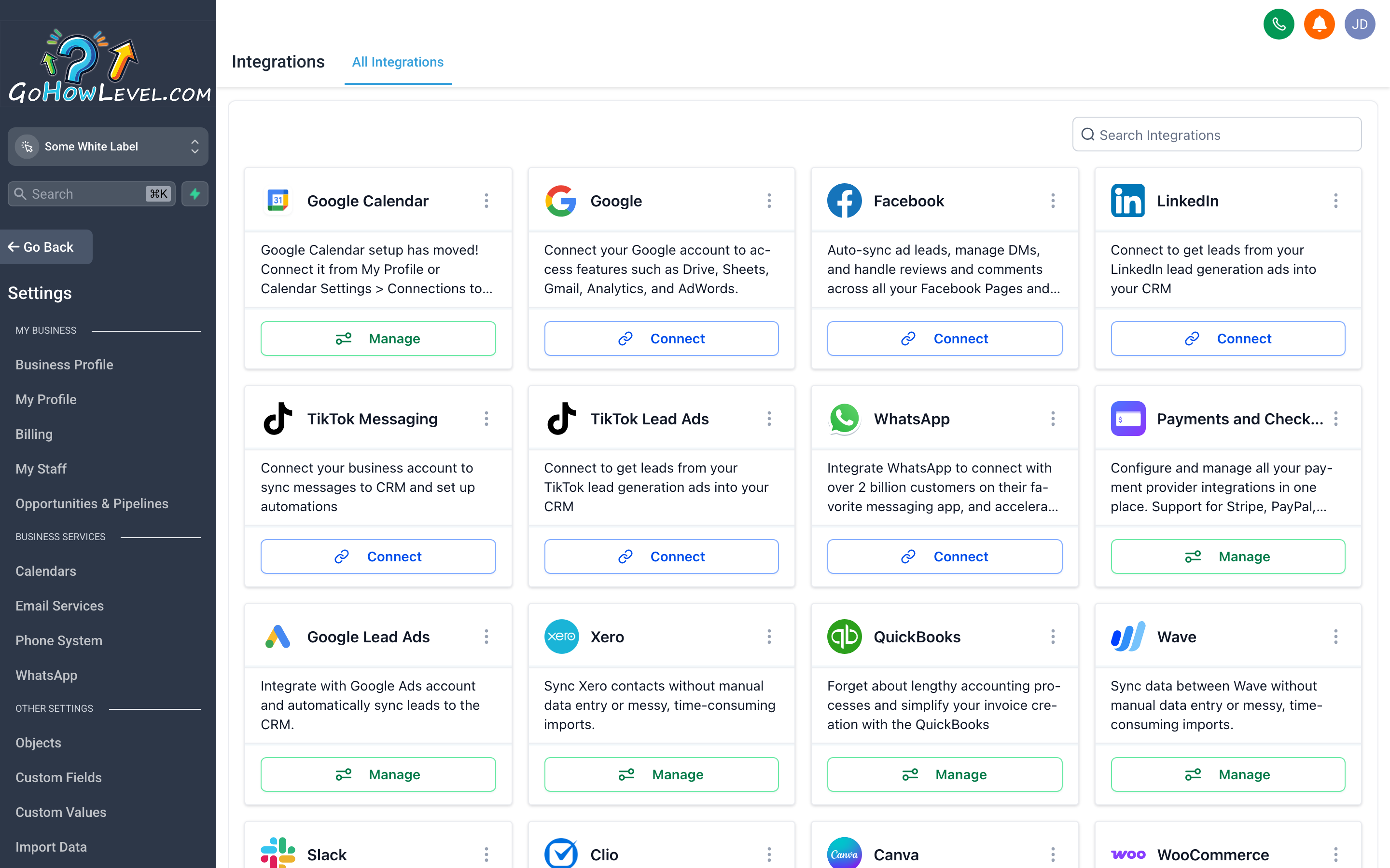 The Integrations settings page showing a grid of available app integrations with connection status indicators