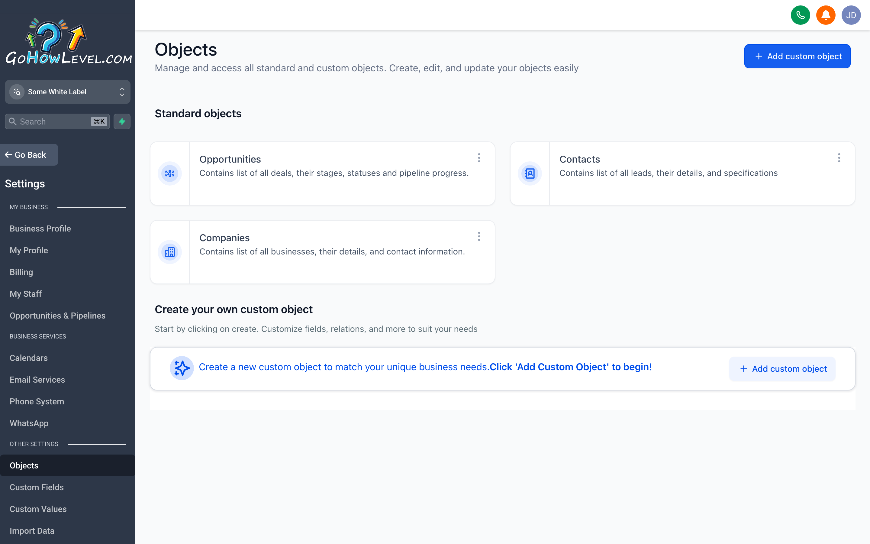 The Custom Objects settings page showing a list of object types with their fields and relationship definitions